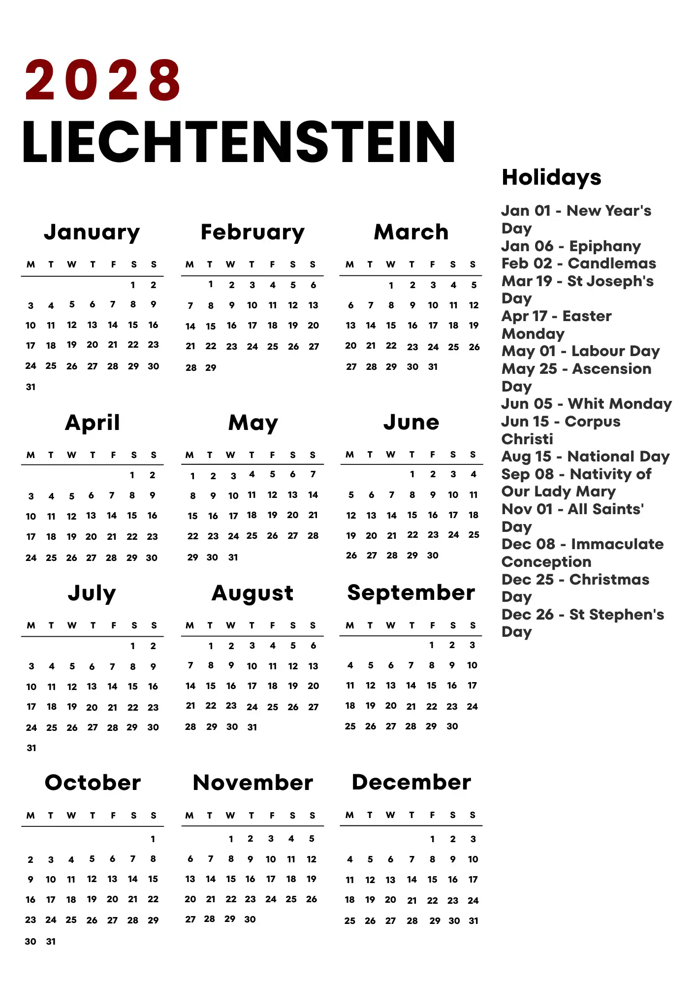 Liechtenstein Calendar 2028