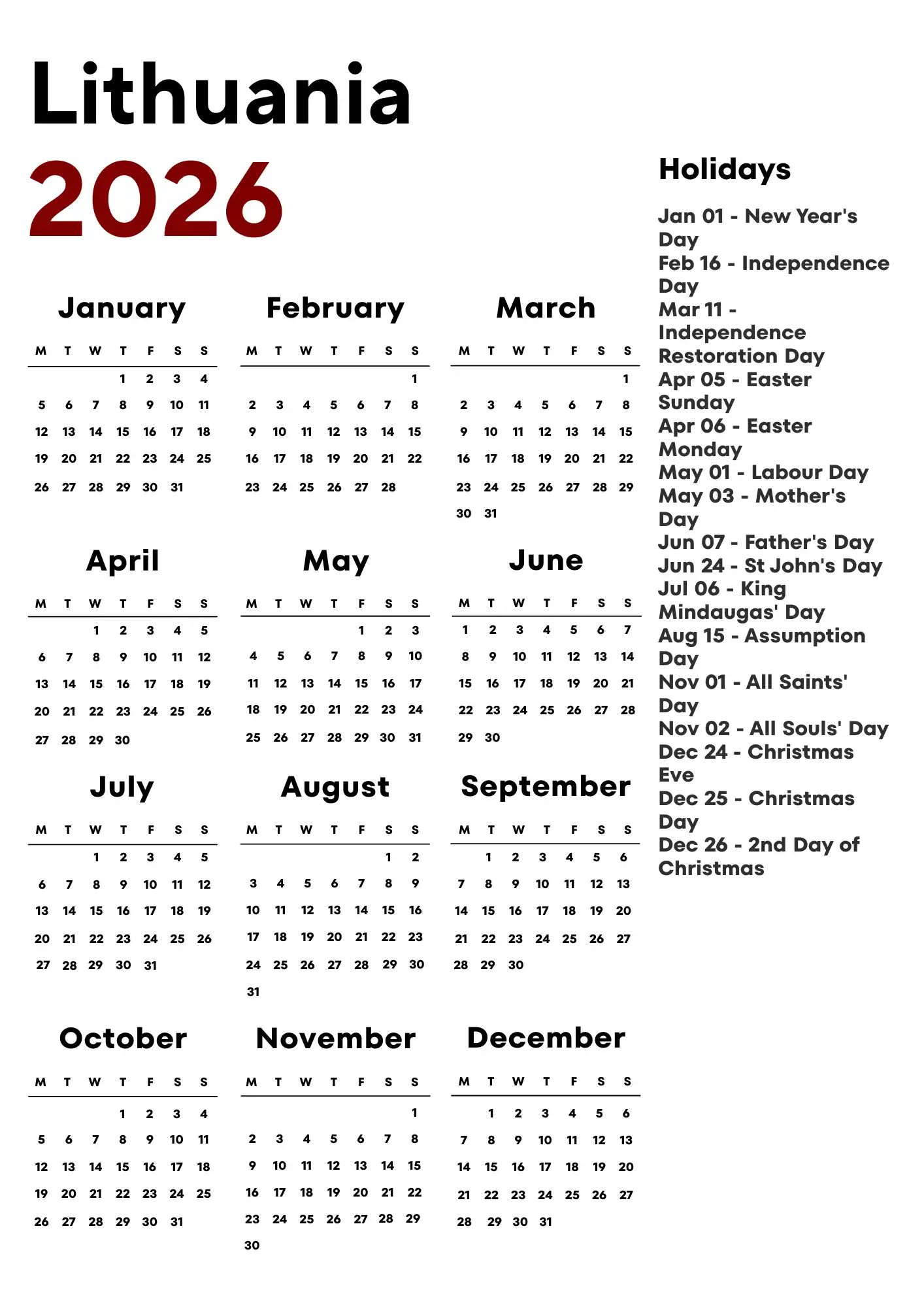 Lithuania Calendar 2026