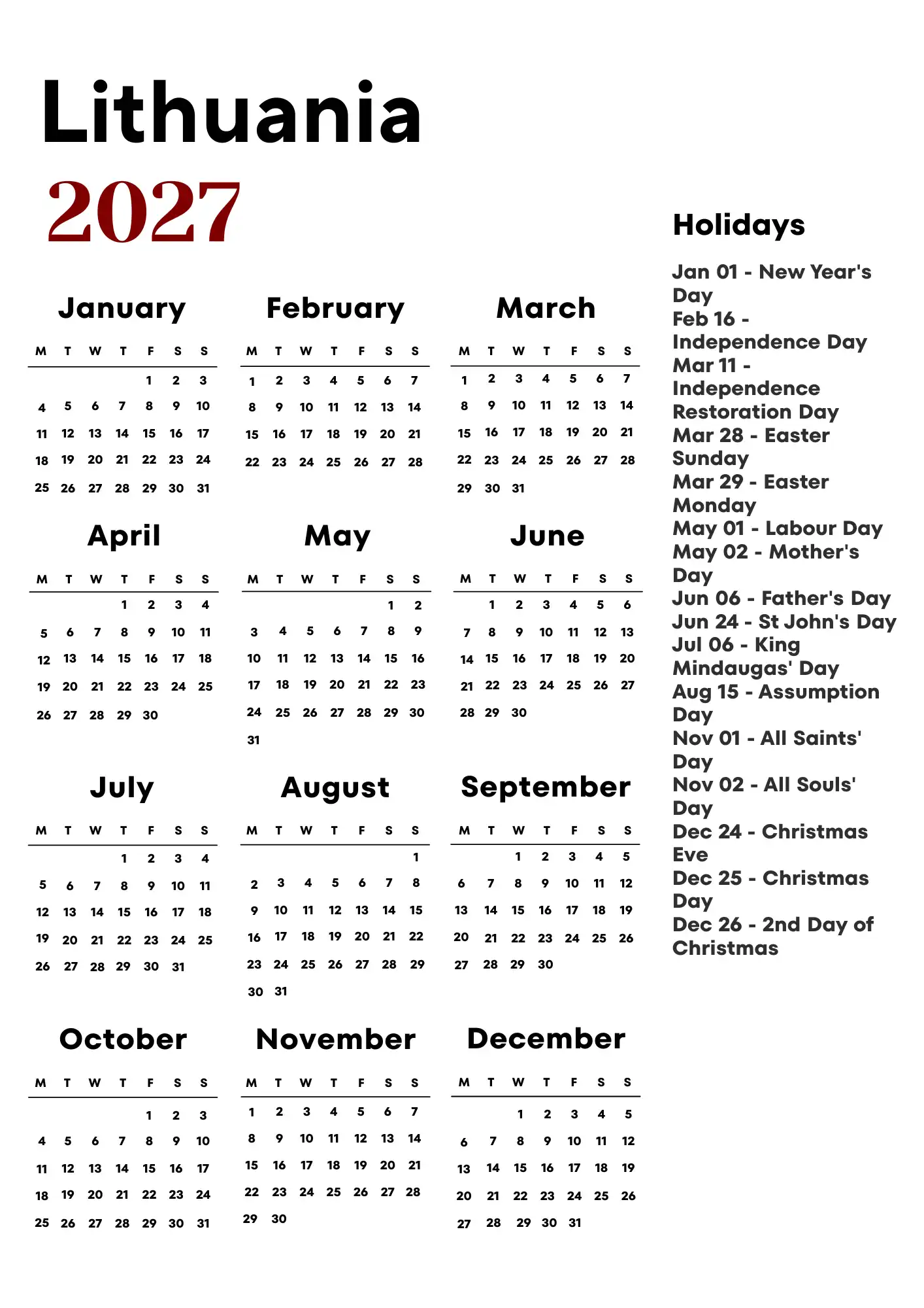 Lithuania Calendar 2027