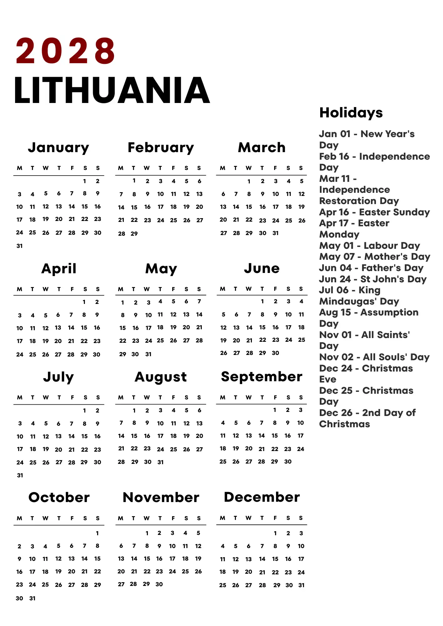 Lithuania Calendar 2028