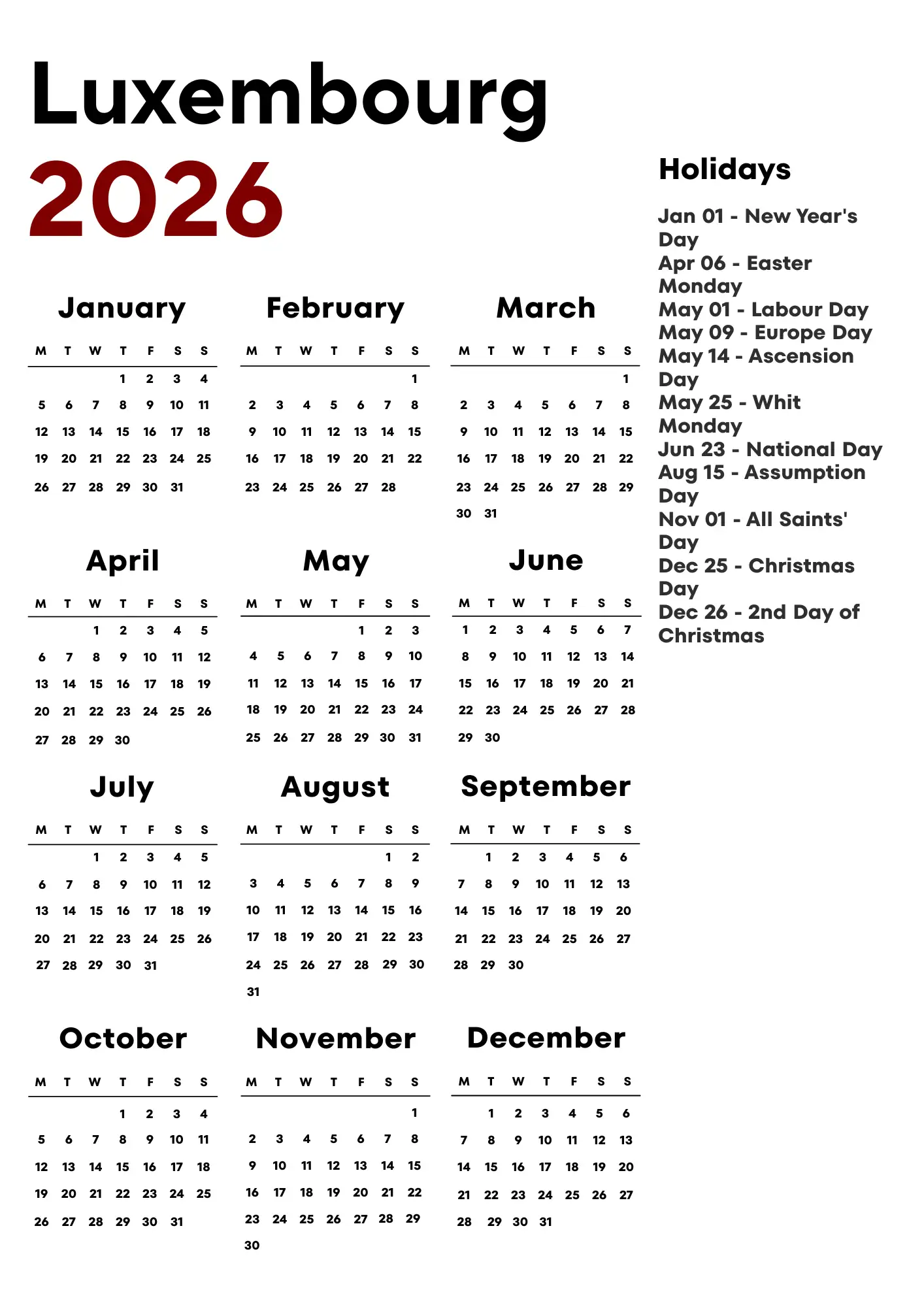 Luxembourg Calendar 2026