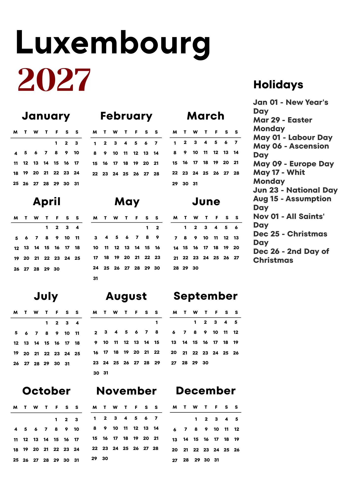 Luxembourg Calendar 2027