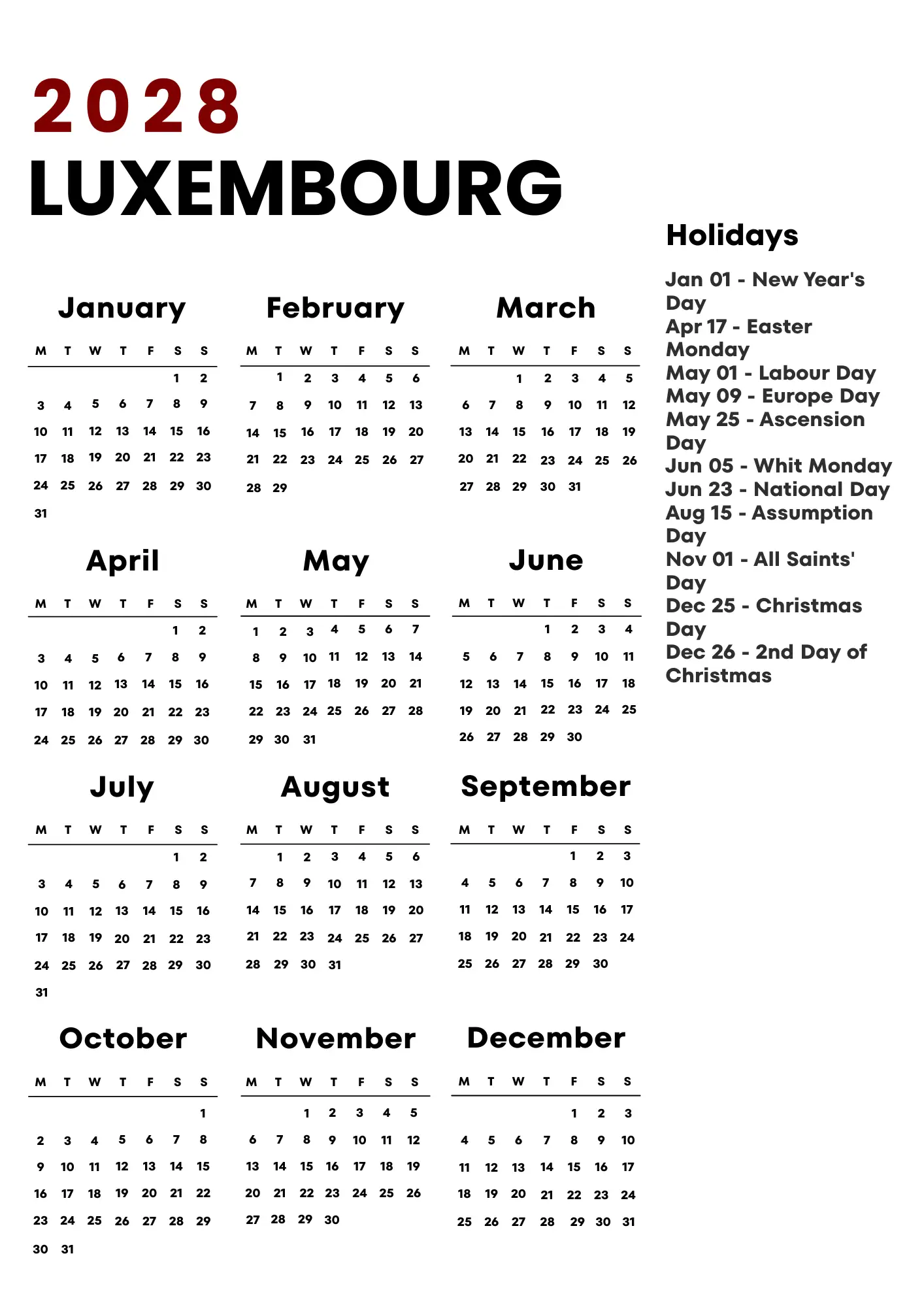 Luxembourg Calendar 2028
