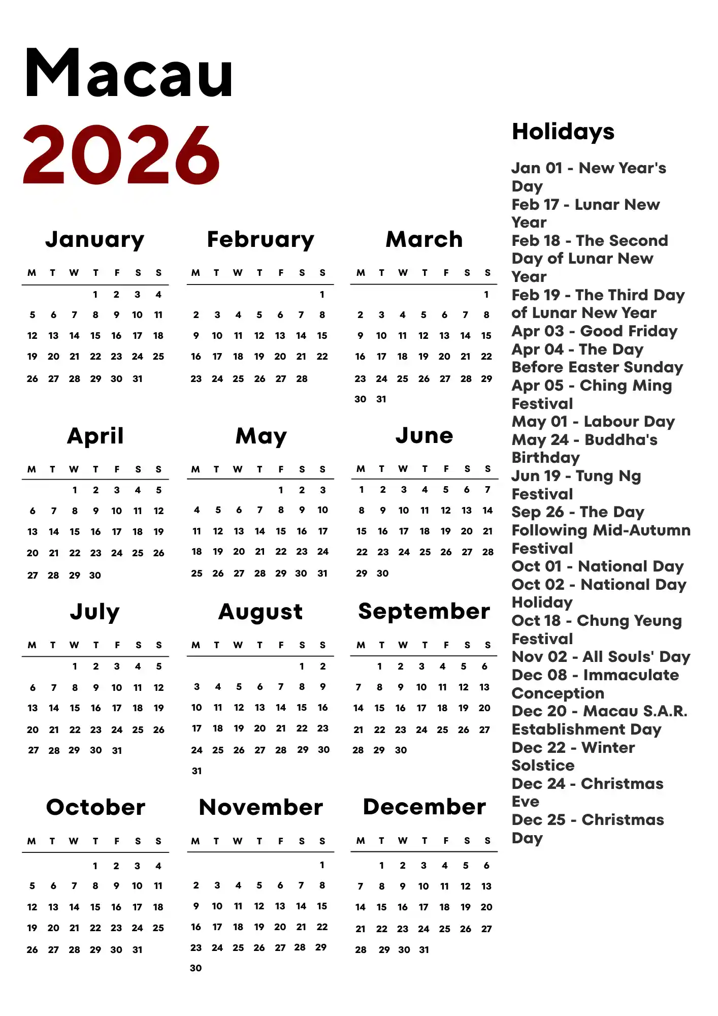 Macau Calendar 2026