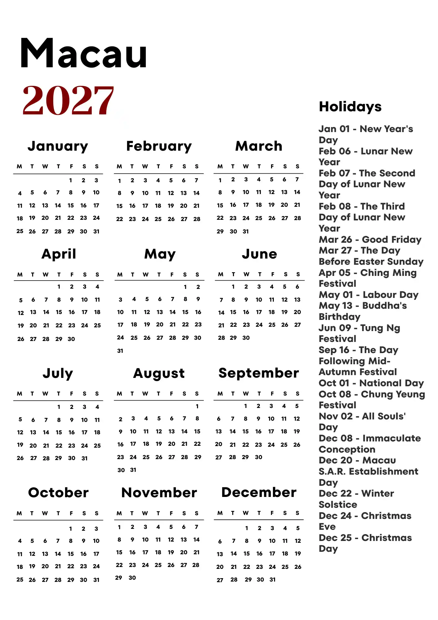 Macau Calendar 2027