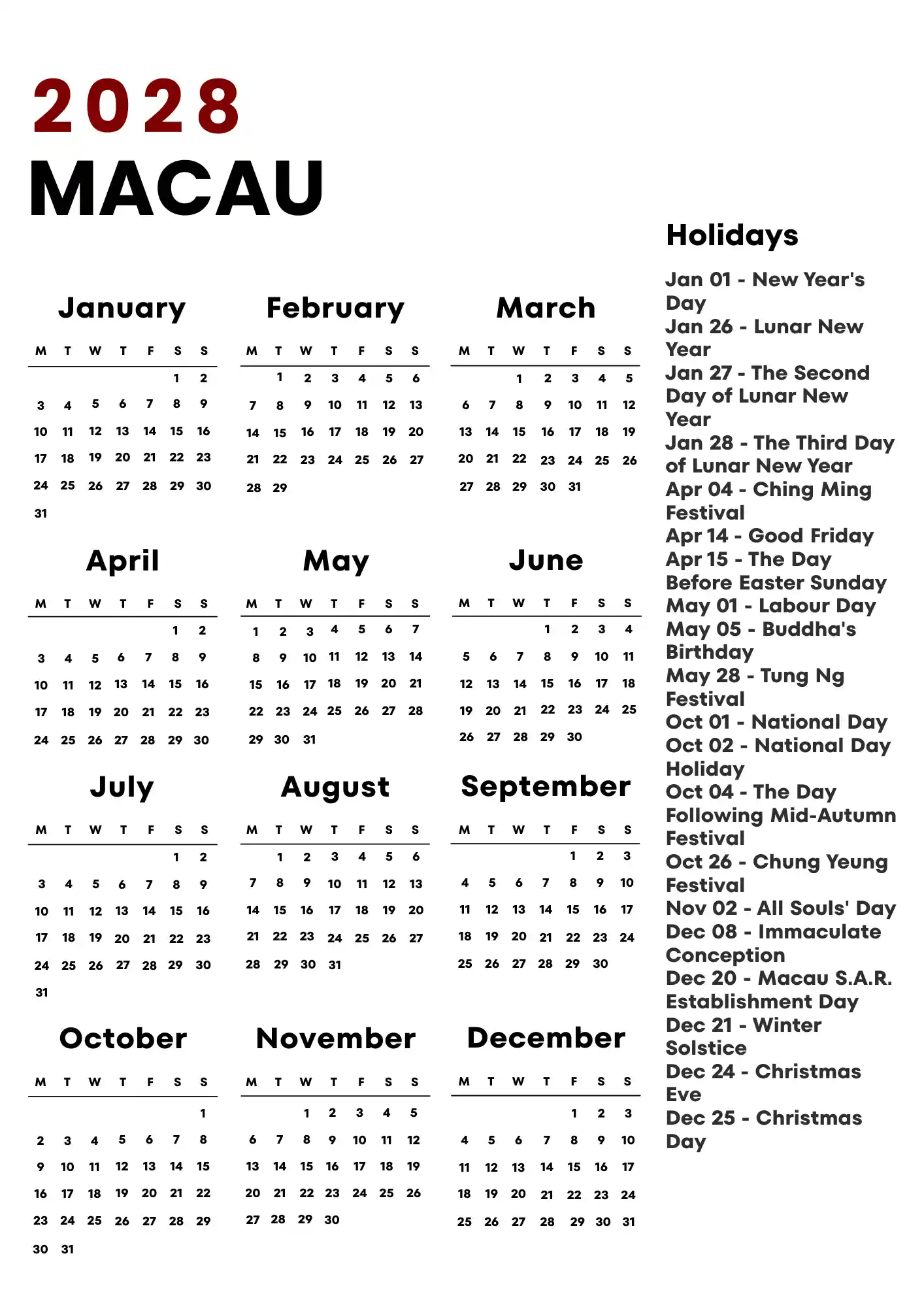 Macau Calendar 2028