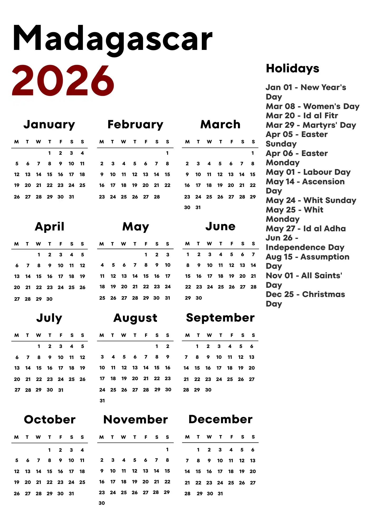 Madagascar Calendar 2026