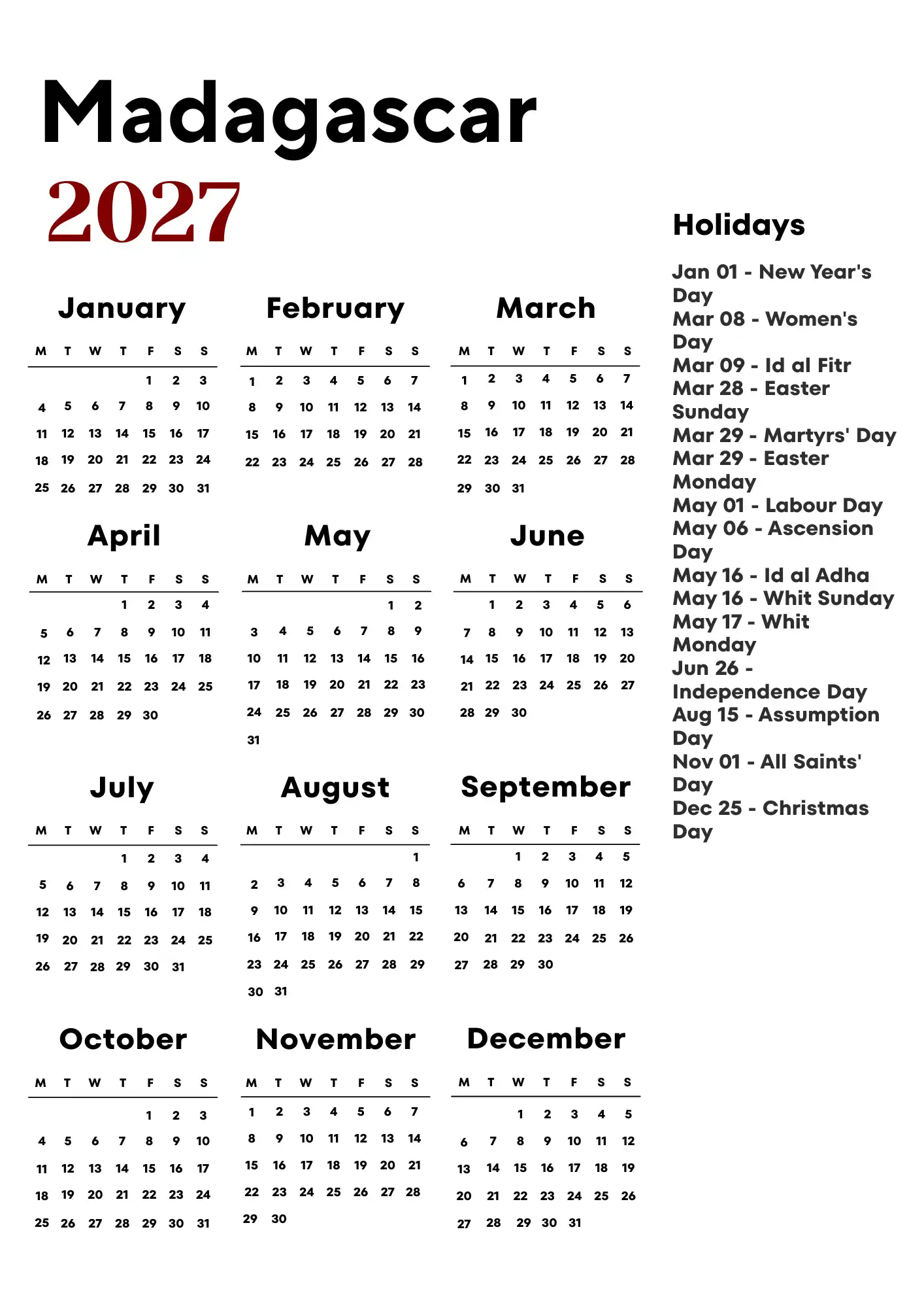 Madagascar Calendar 2027