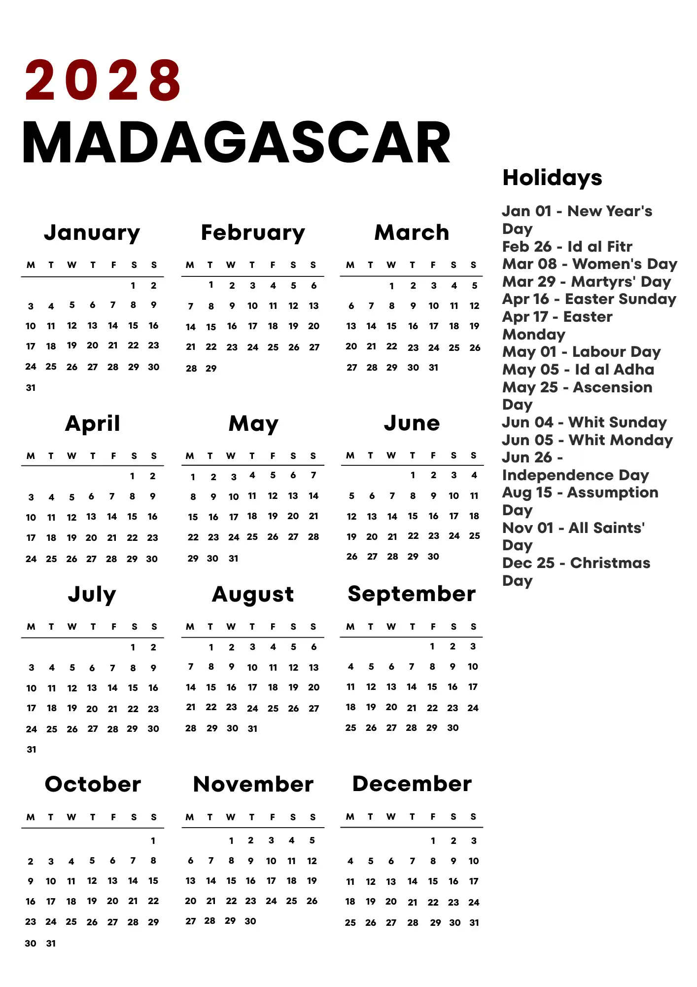 Madagascar Calendar 2028