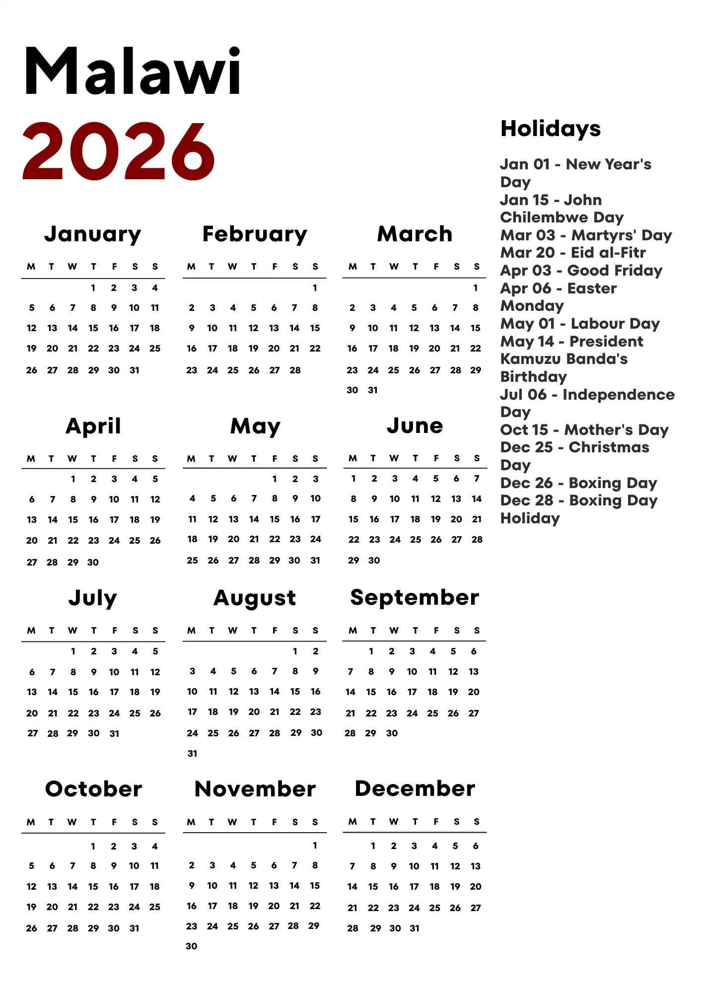 Malawi Calendar 2026
