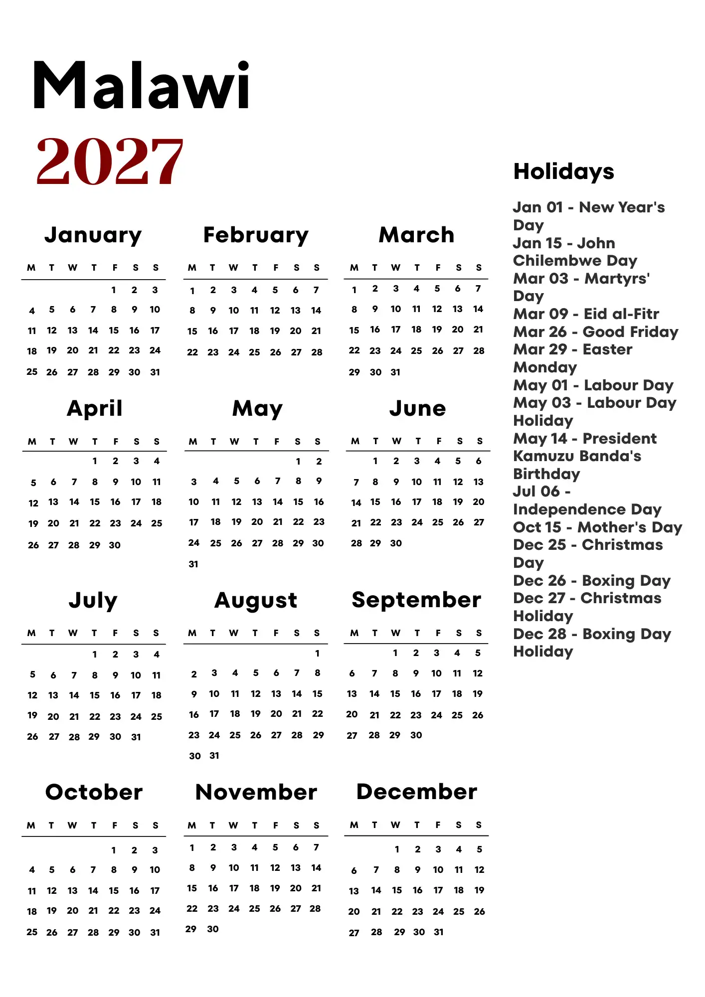 Malawi Calendar 2027