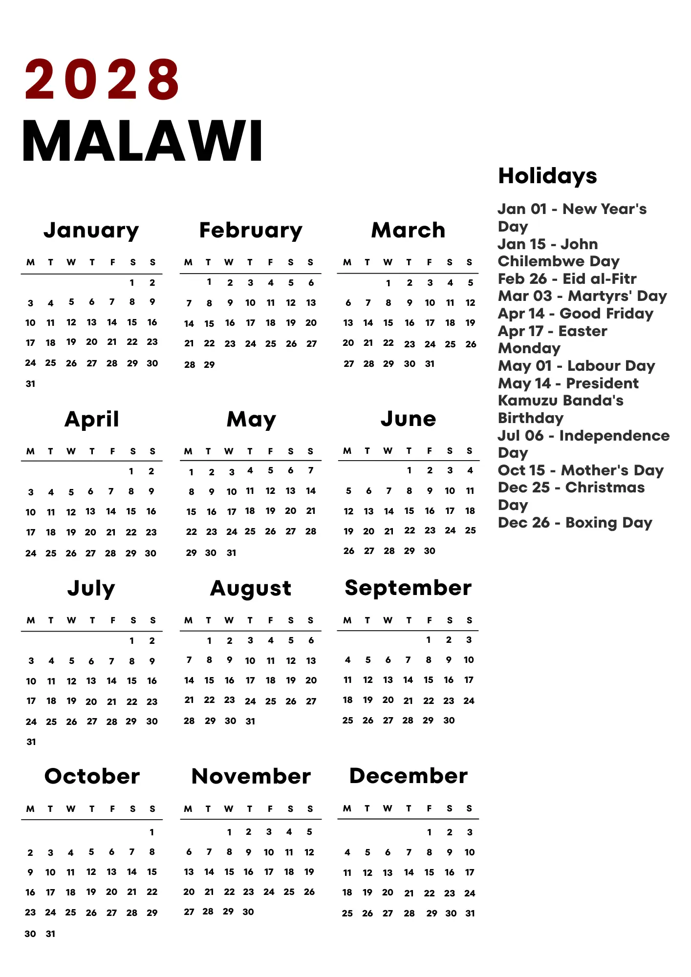 Malawi Calendar 2028
