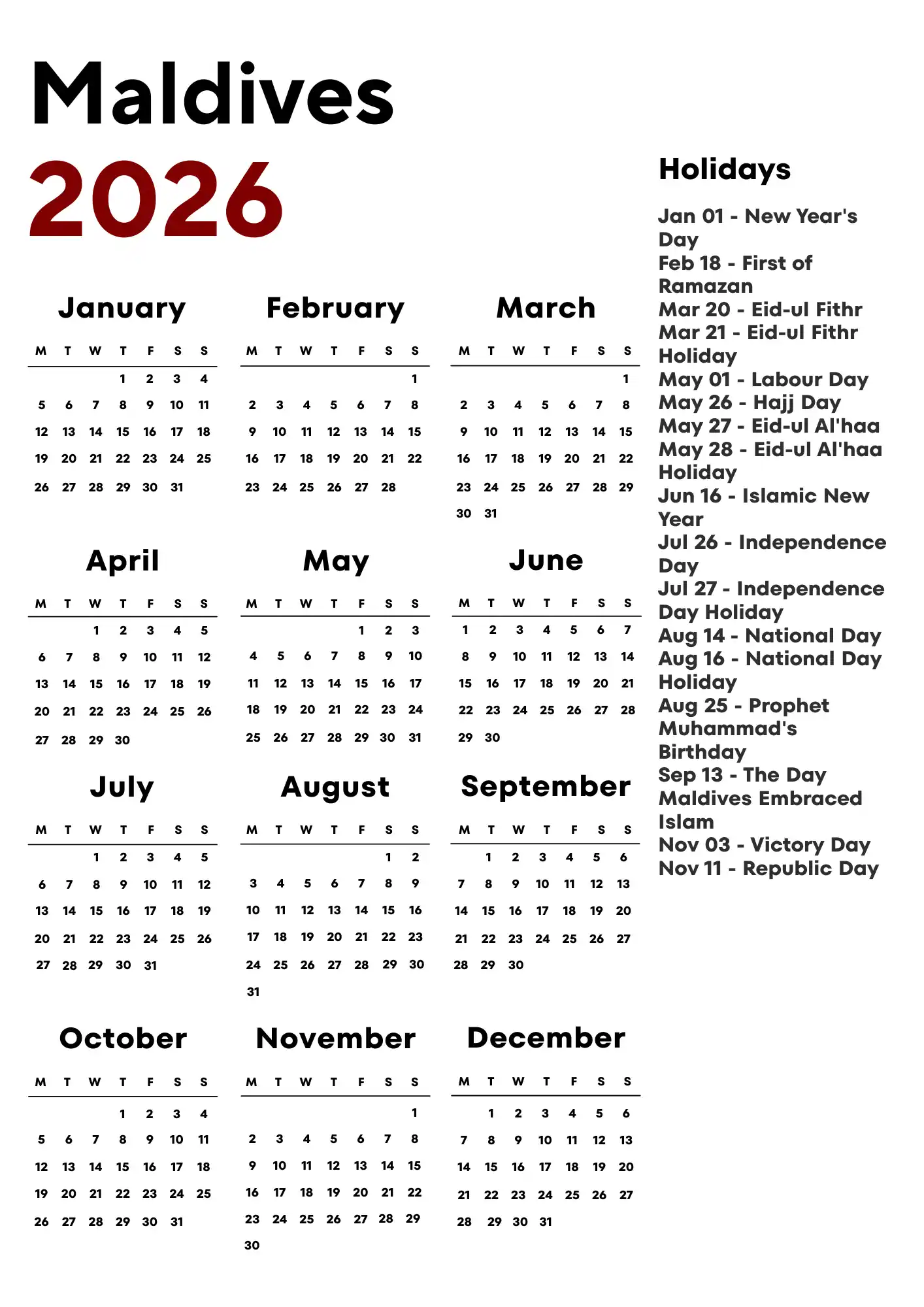 Maldives Calendar 2026