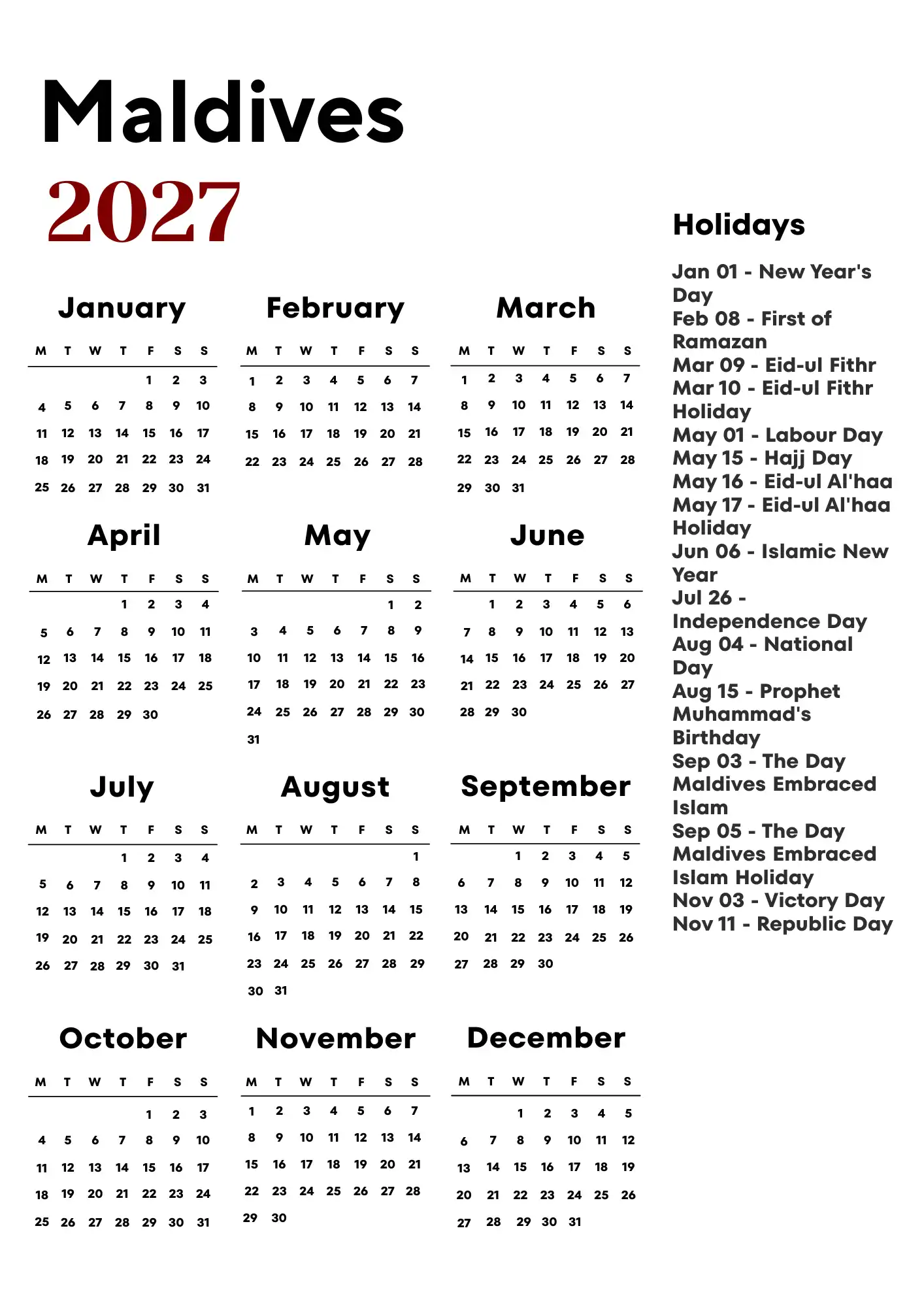 Maldives Calendar 2027