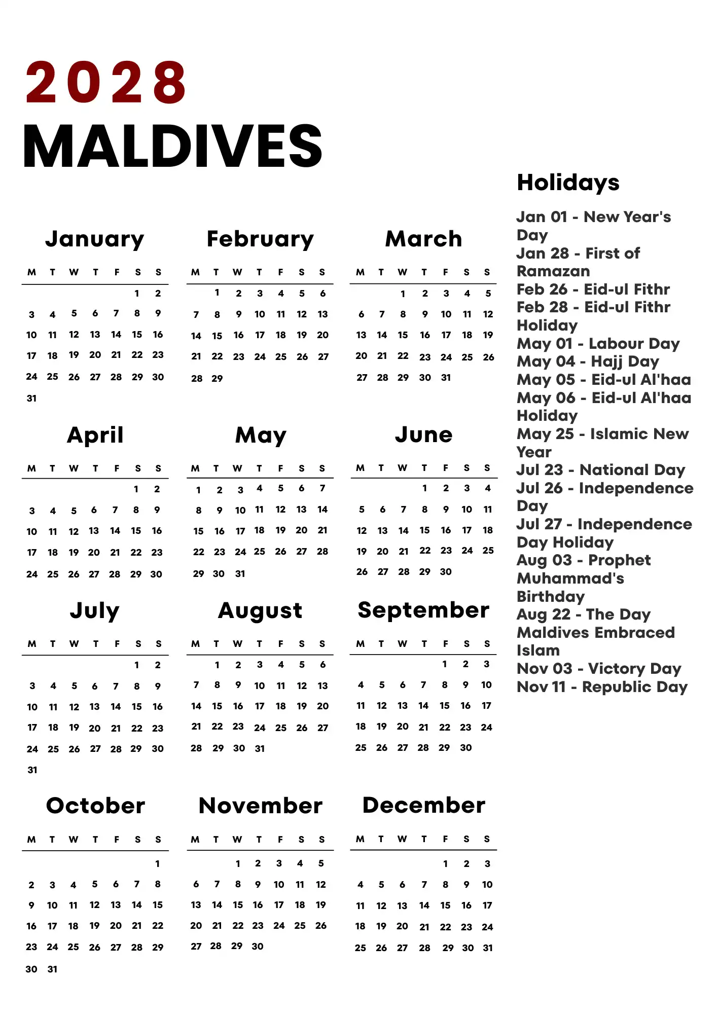 Maldives Calendar 2028