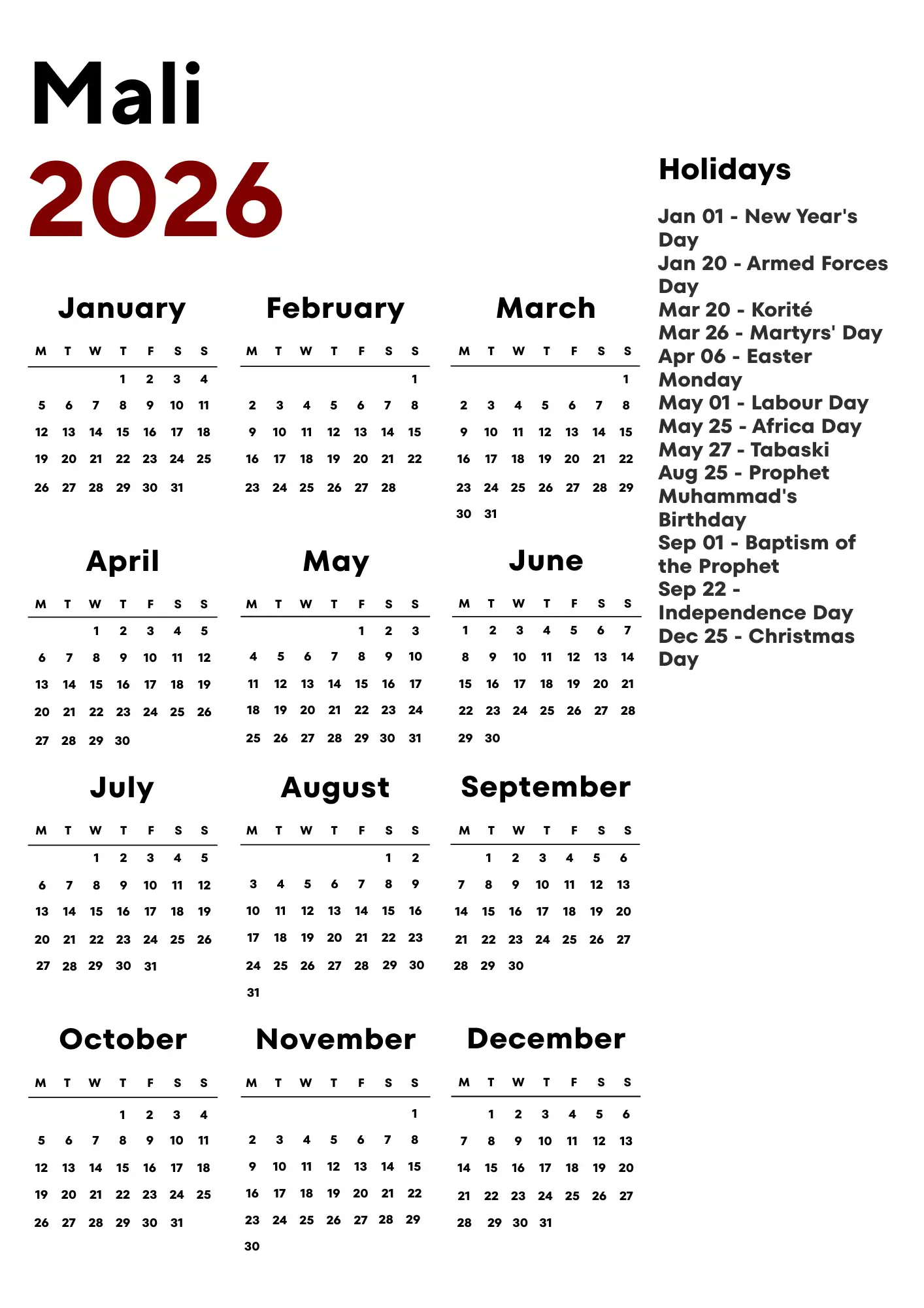 Mali Calendar 2026