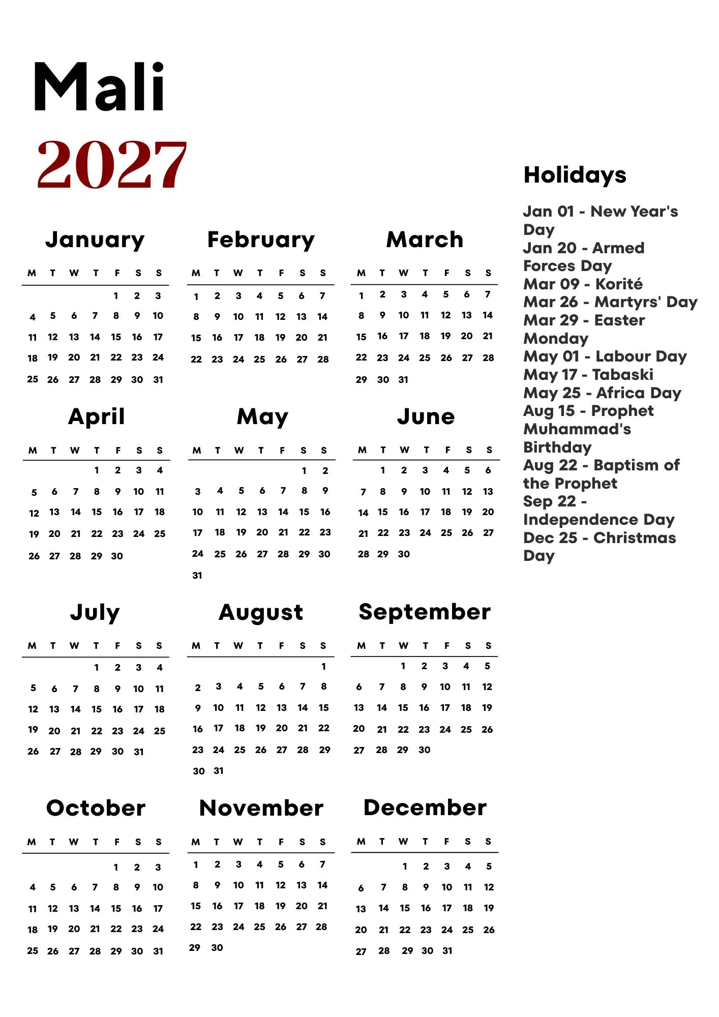 Mali Calendar 2027