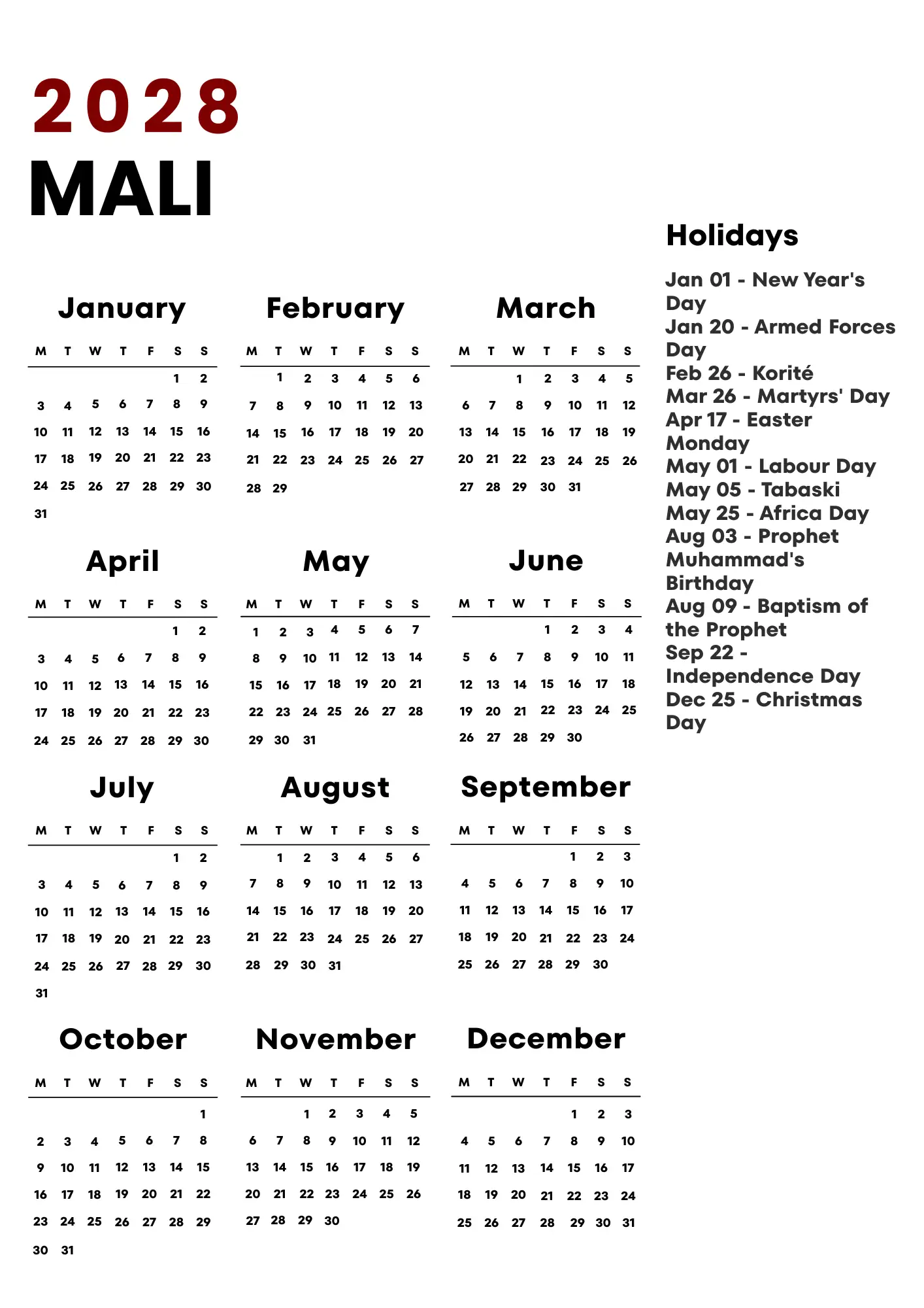 Mali Calendar 2028