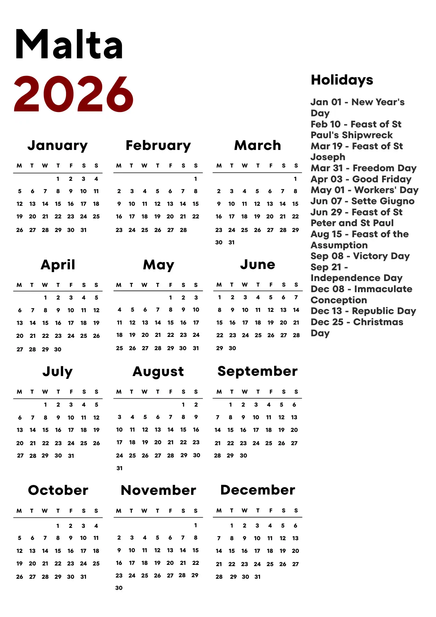 Malta Calendar 2026