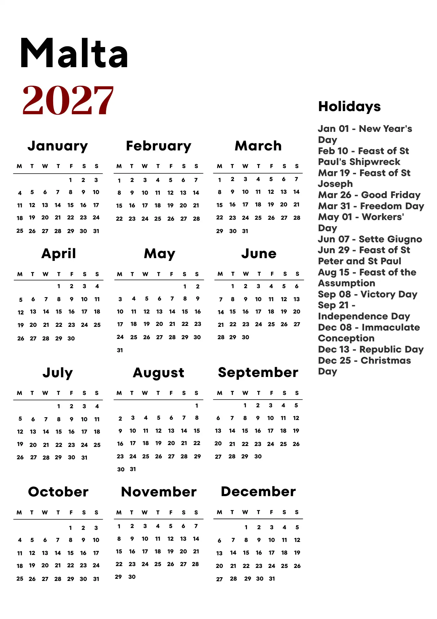 Malta Calendar 2027