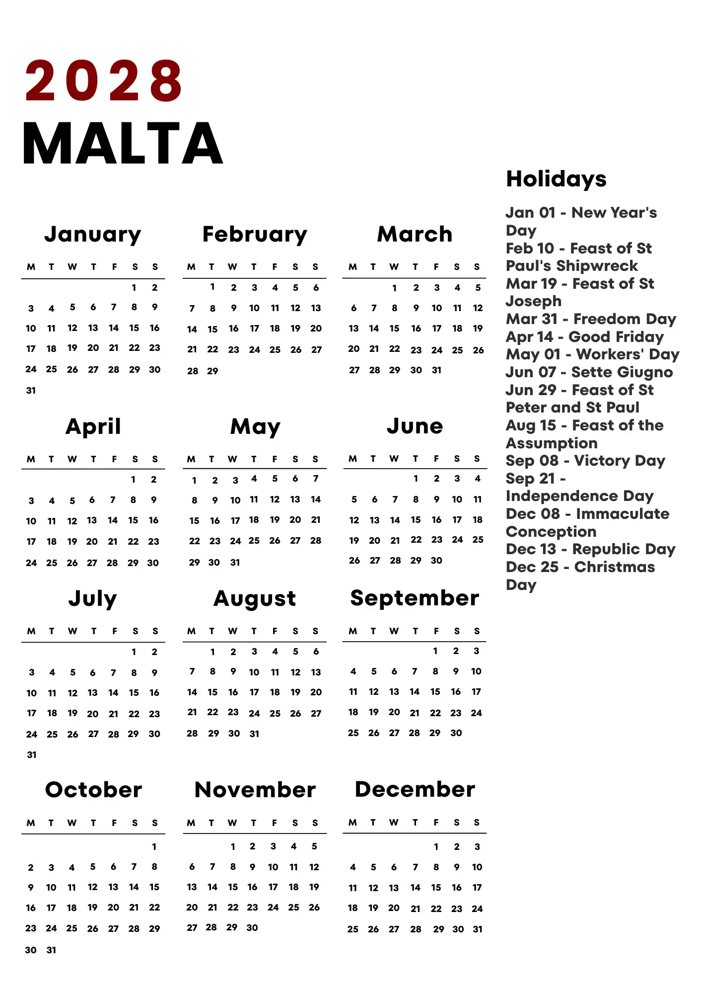 Malta Calendar 2028