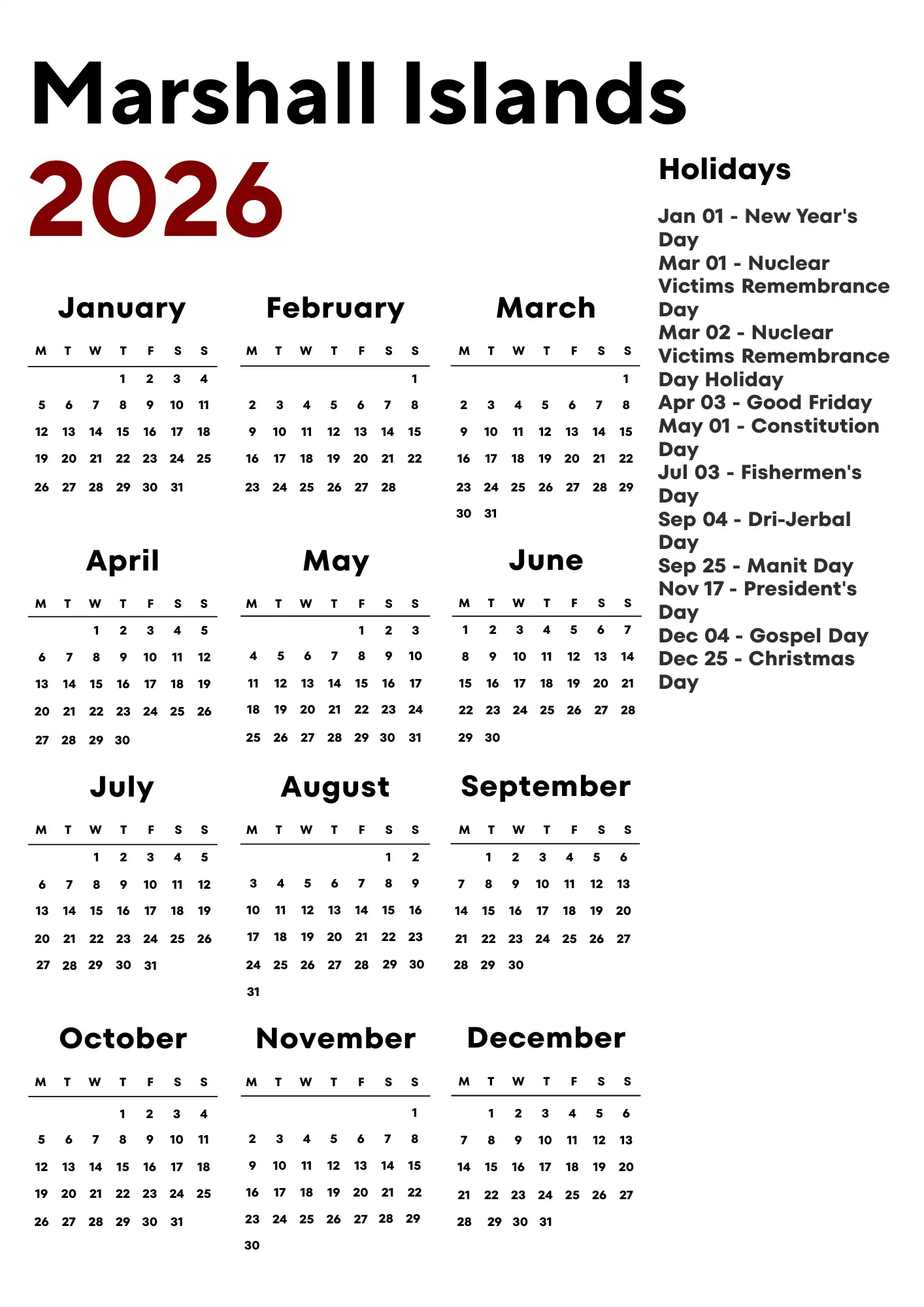 Marshall Islands Calendar 2026