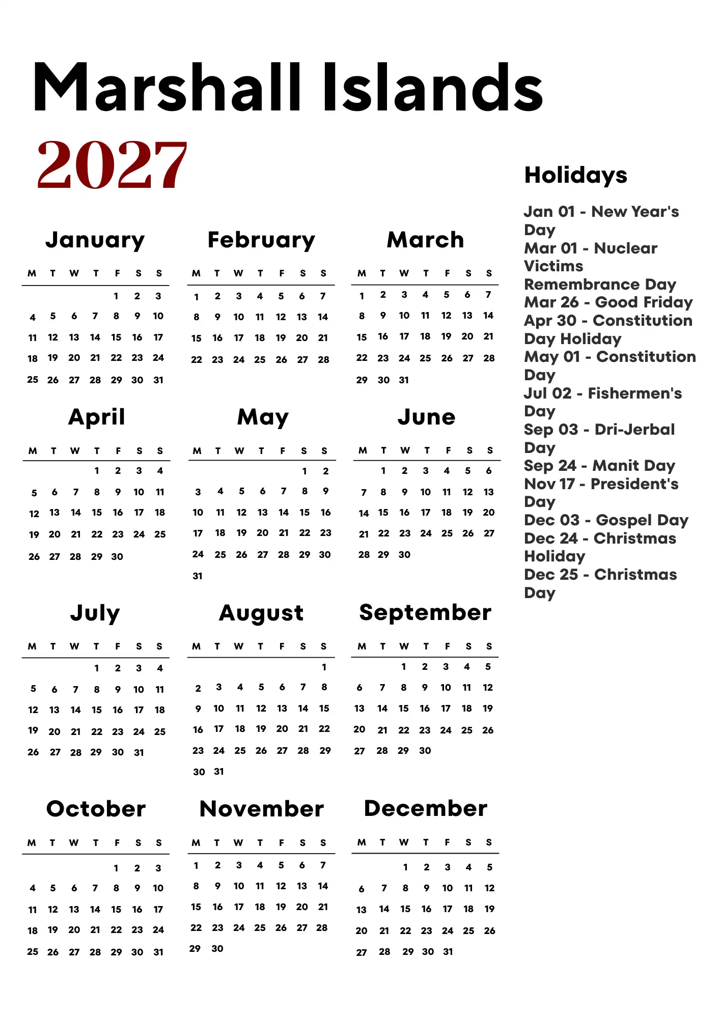 Marshall Islands Calendar 2027