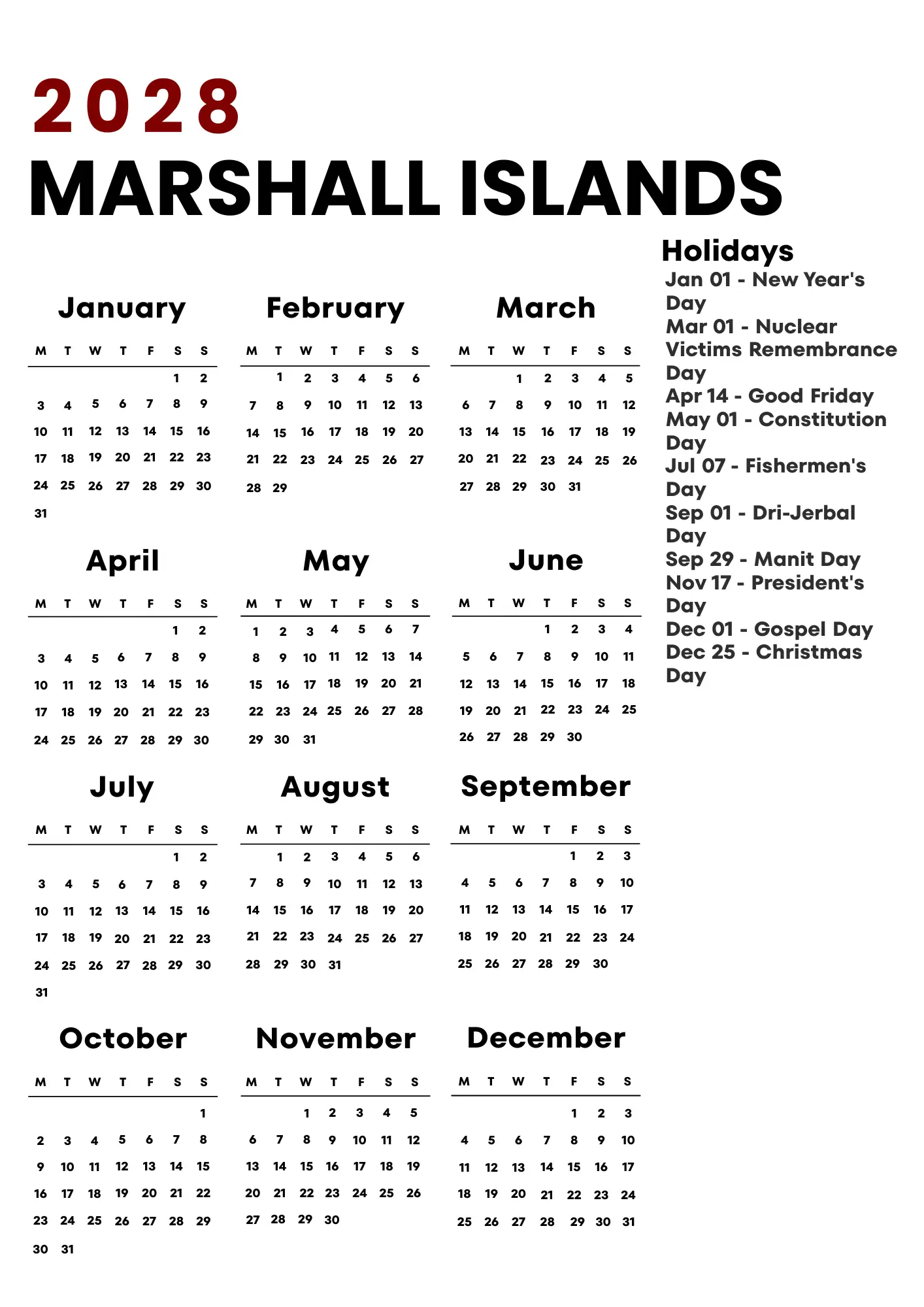 Marshall Islands Calendar 2028