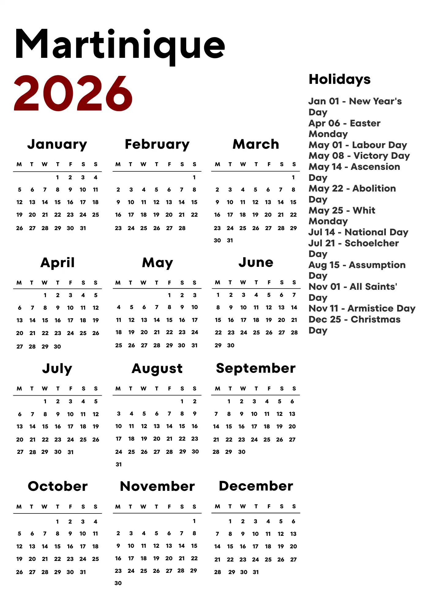 Martinique Calendar 2026