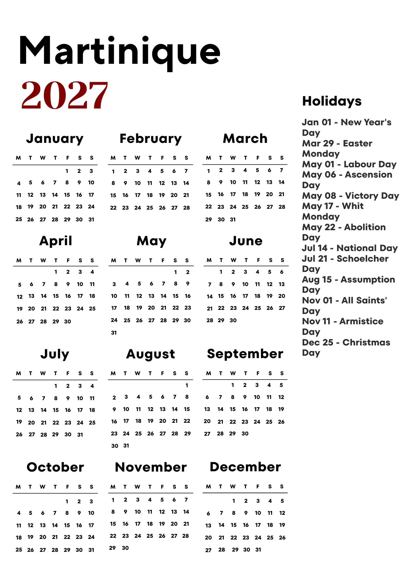 Martinique Calendar 2027