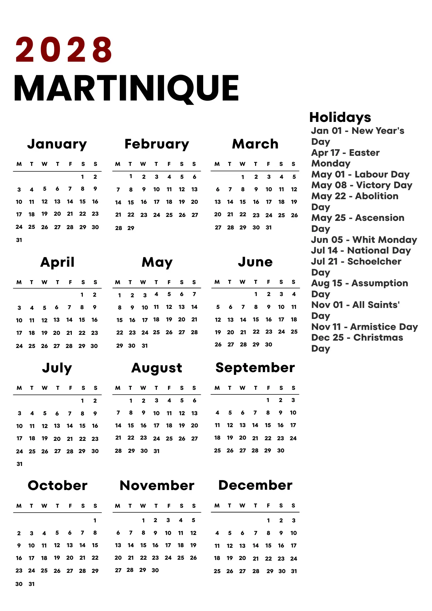 Martinique Calendar 2028