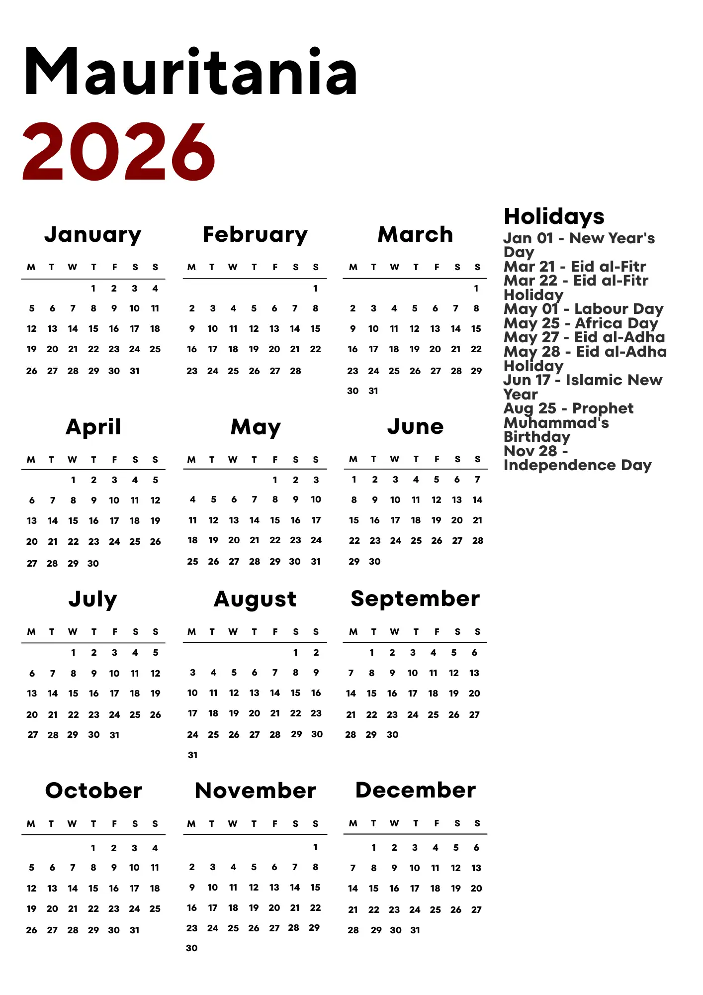 Mauritania Calendar 2026