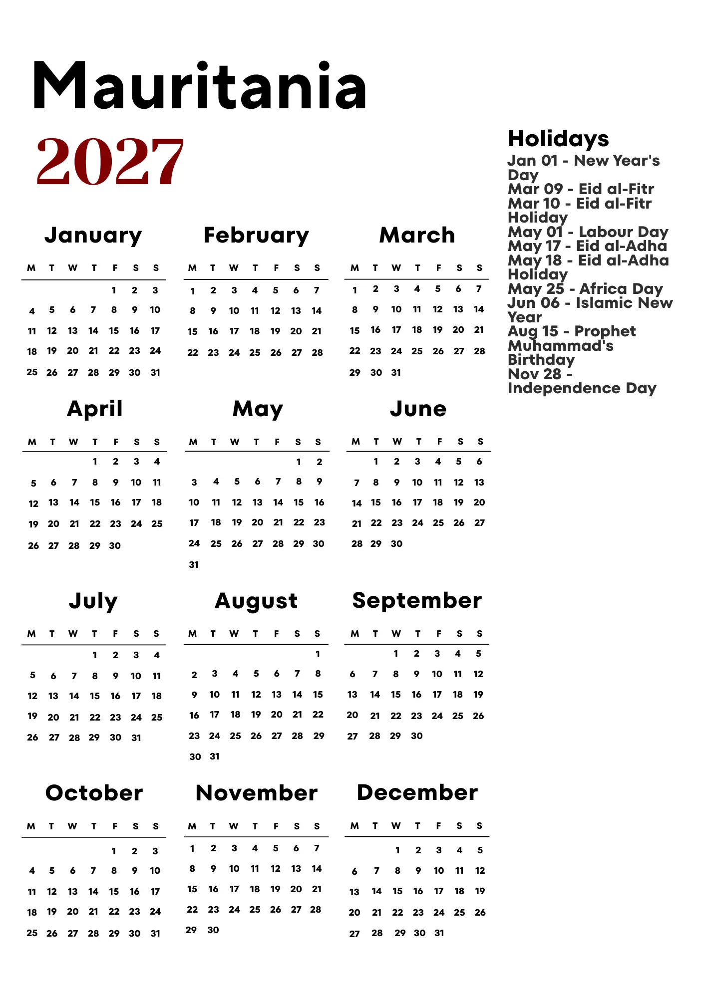 Mauritania Calendar 2027