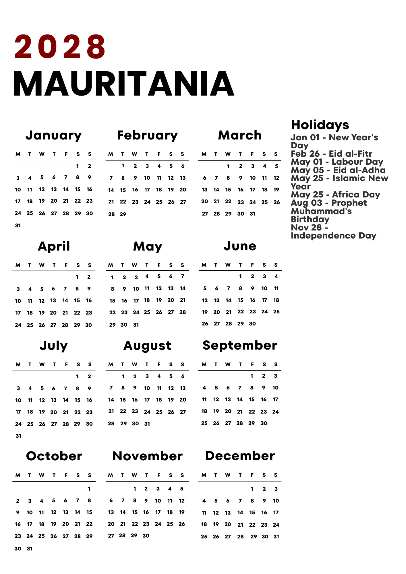 Mauritania Calendar 2028