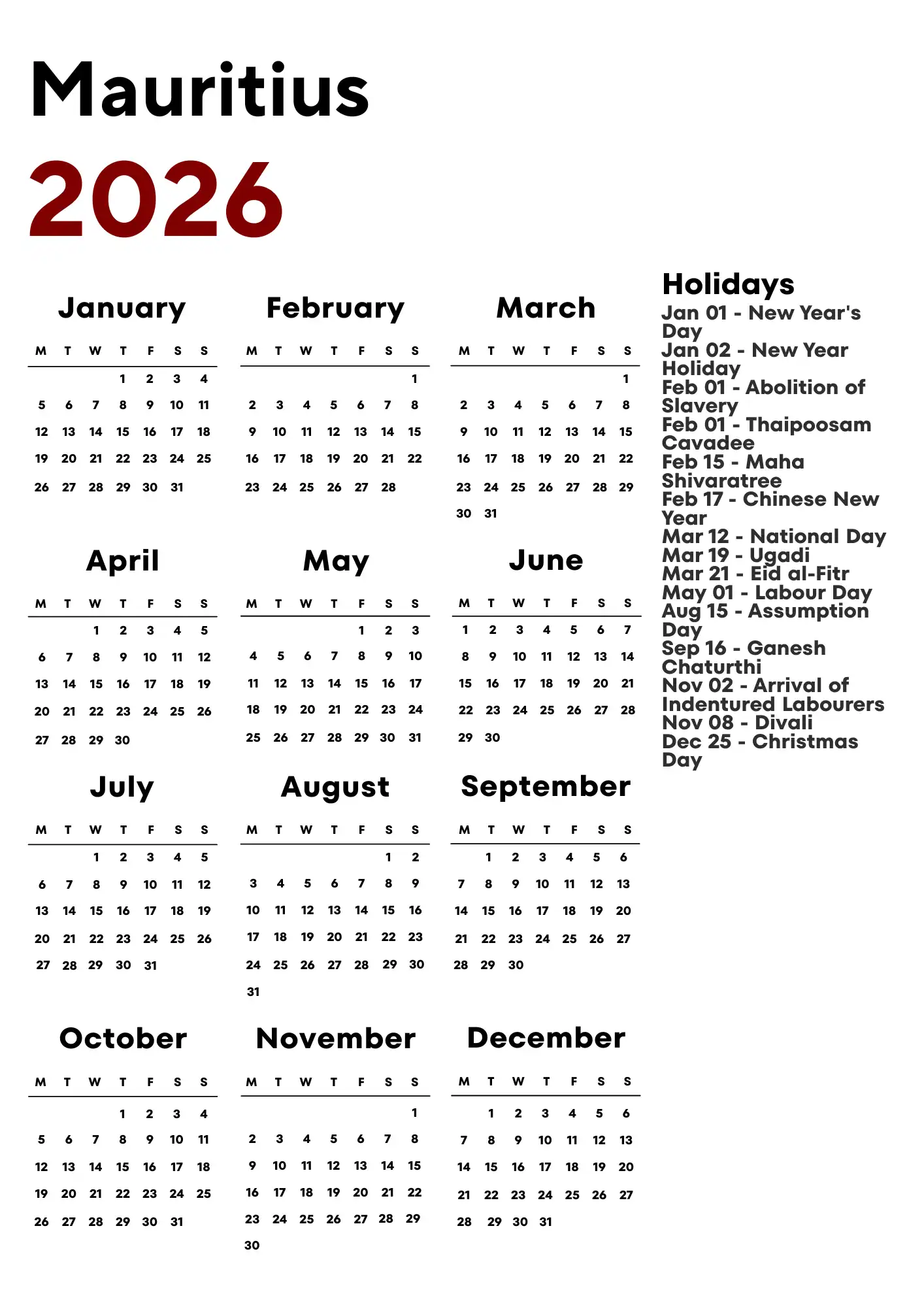 Mauritius Calendar 2026
