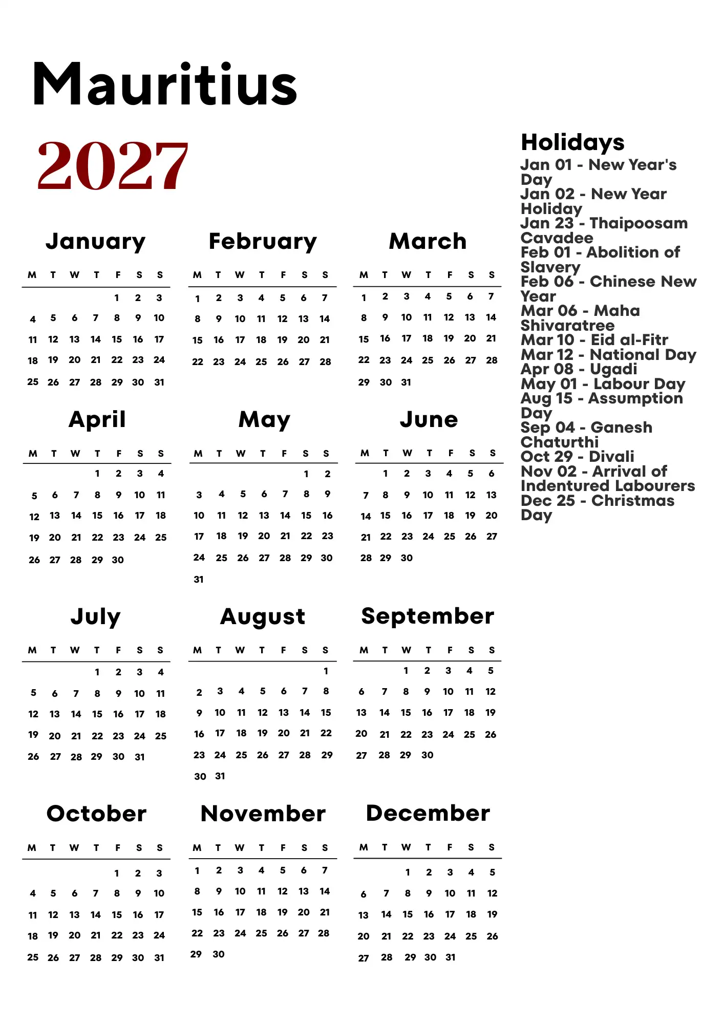 Mauritius Calendar 2027