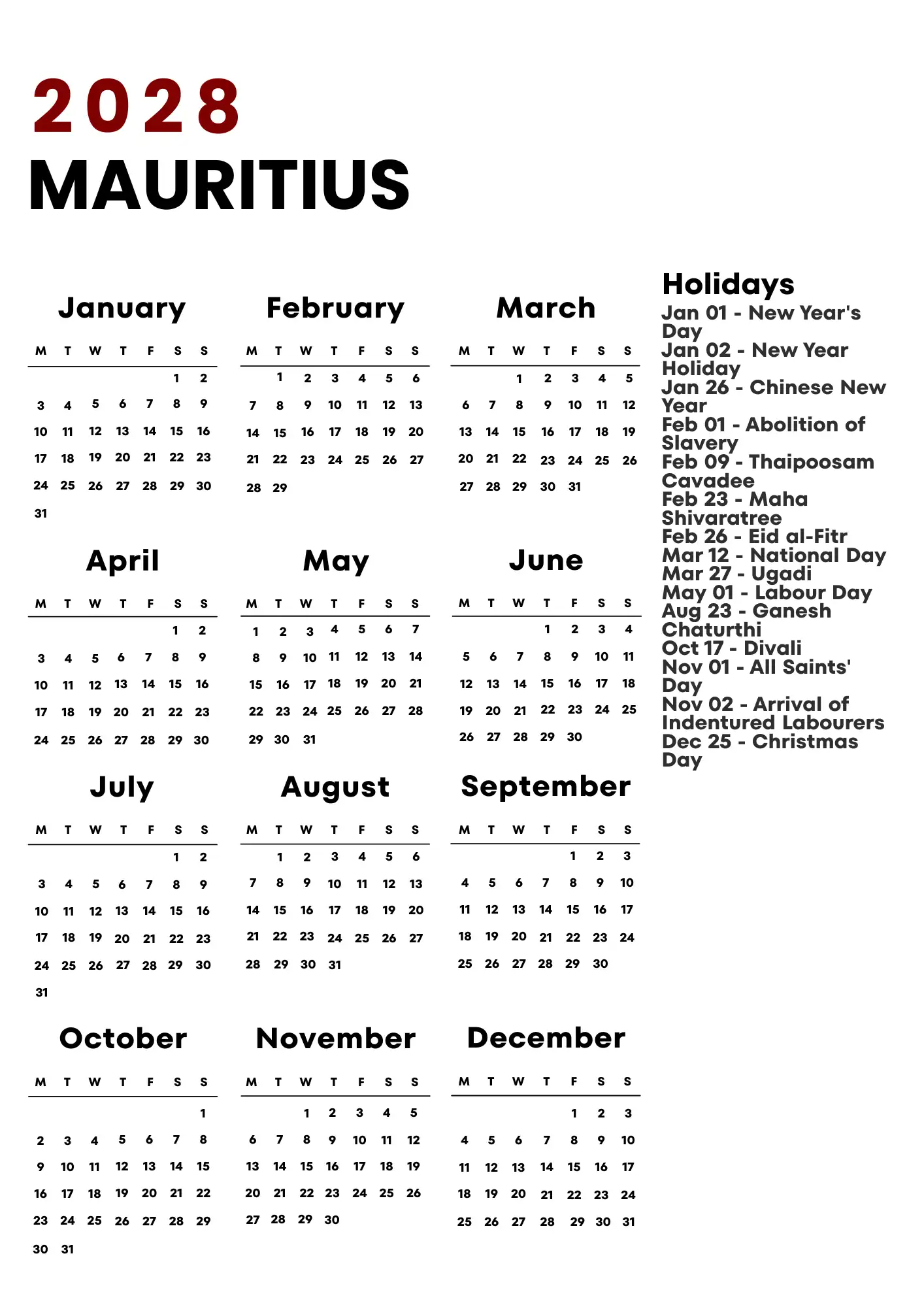 Mauritius Calendar 2028