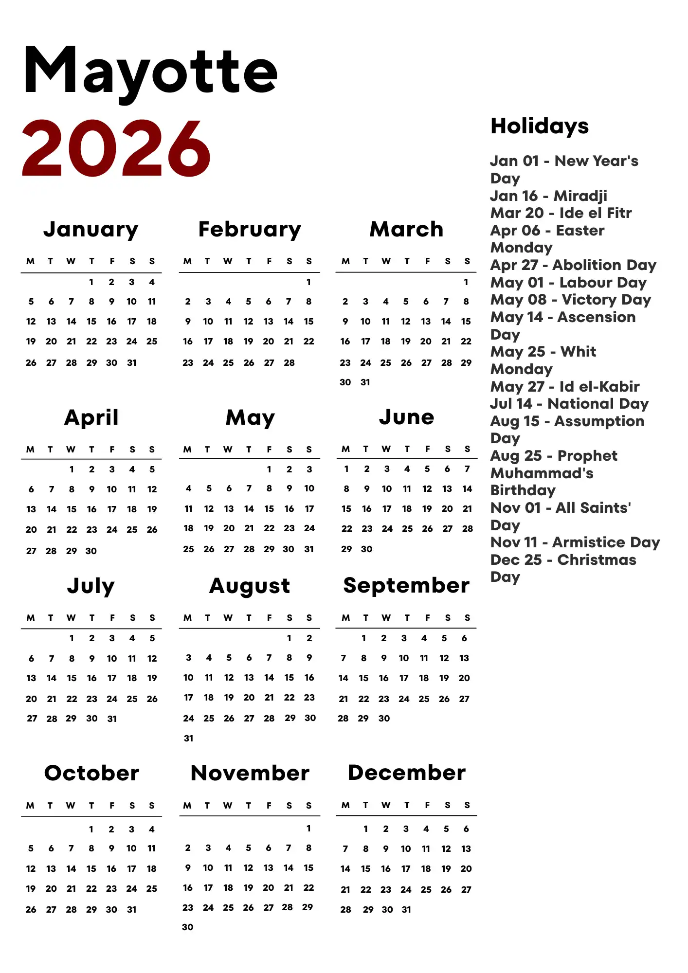 Mayotte Calendar 2026