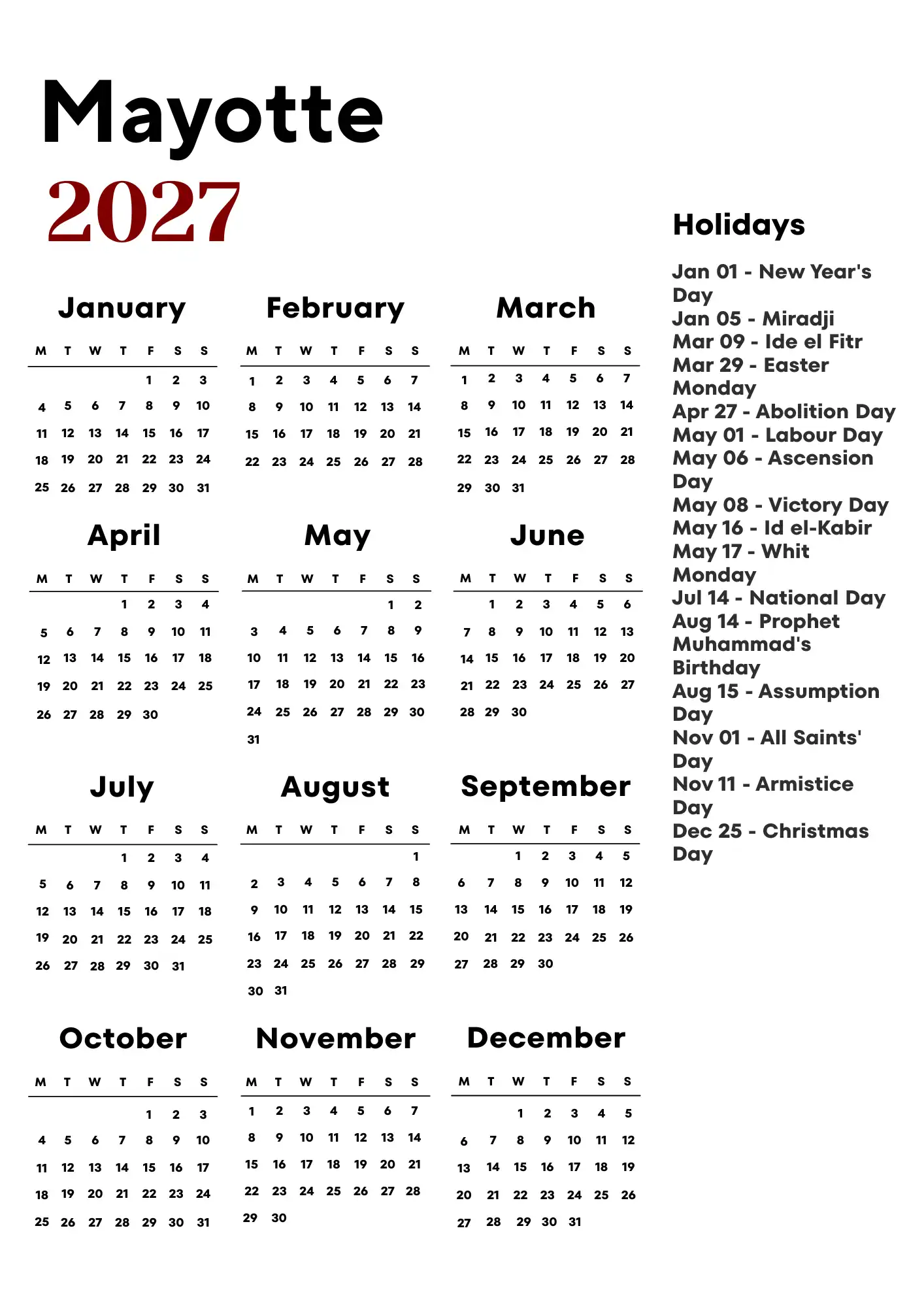 Mayotte Calendar 2027