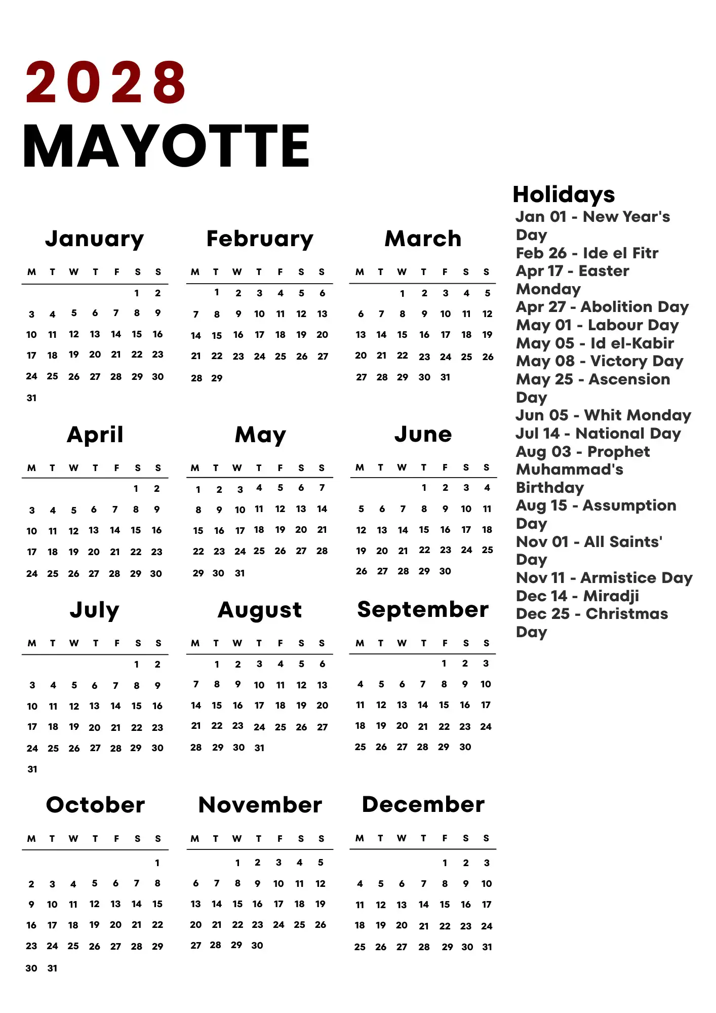 Mayotte Calendar 2028