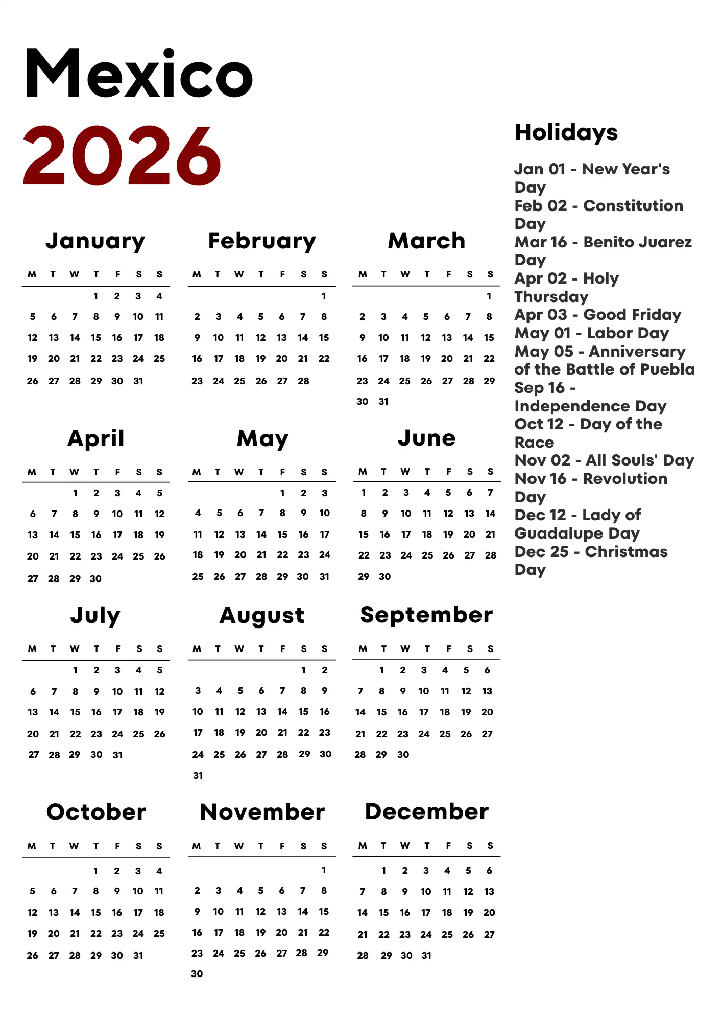 Mexico Calendar 2026