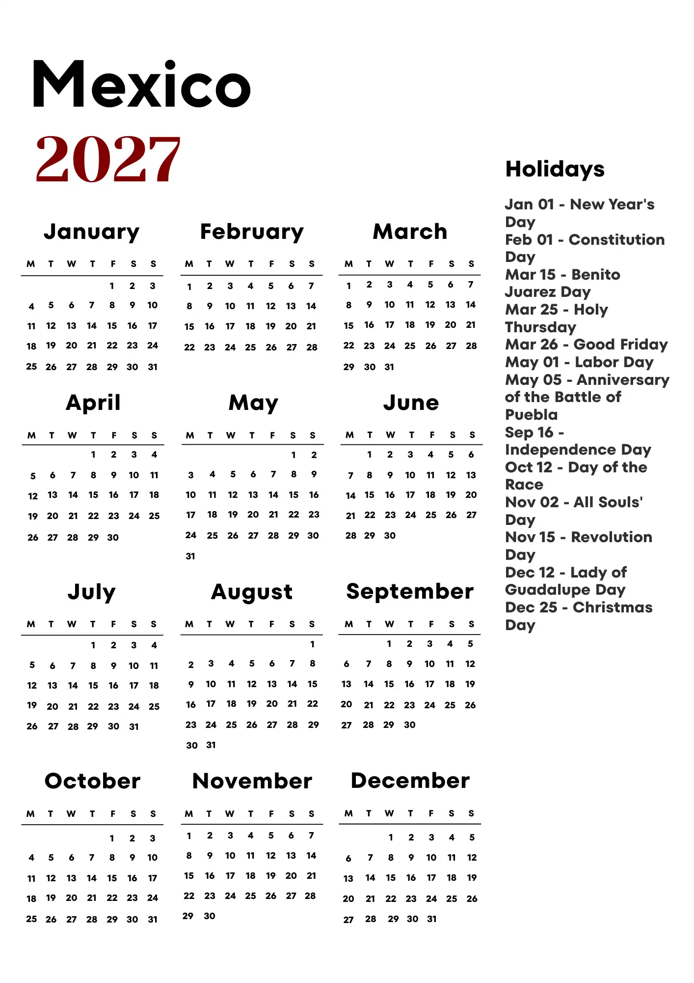Mexico Calendar 2027