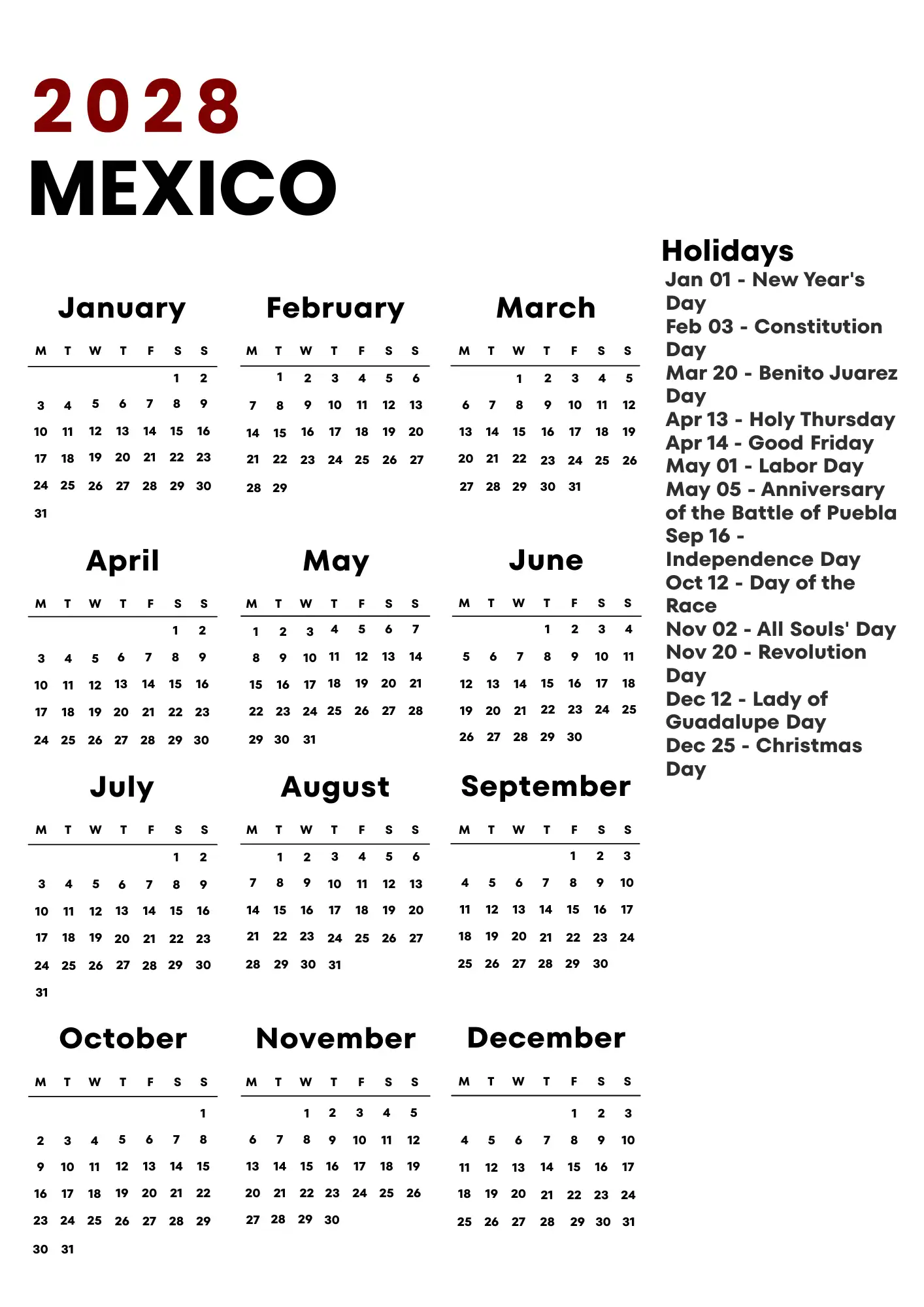 Mexico Calendar 2028