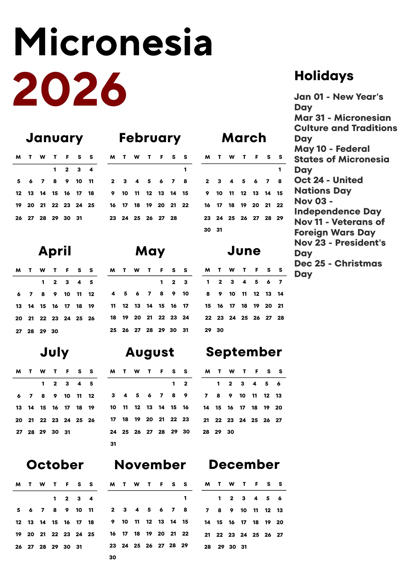 Micronesia Calendar 2026