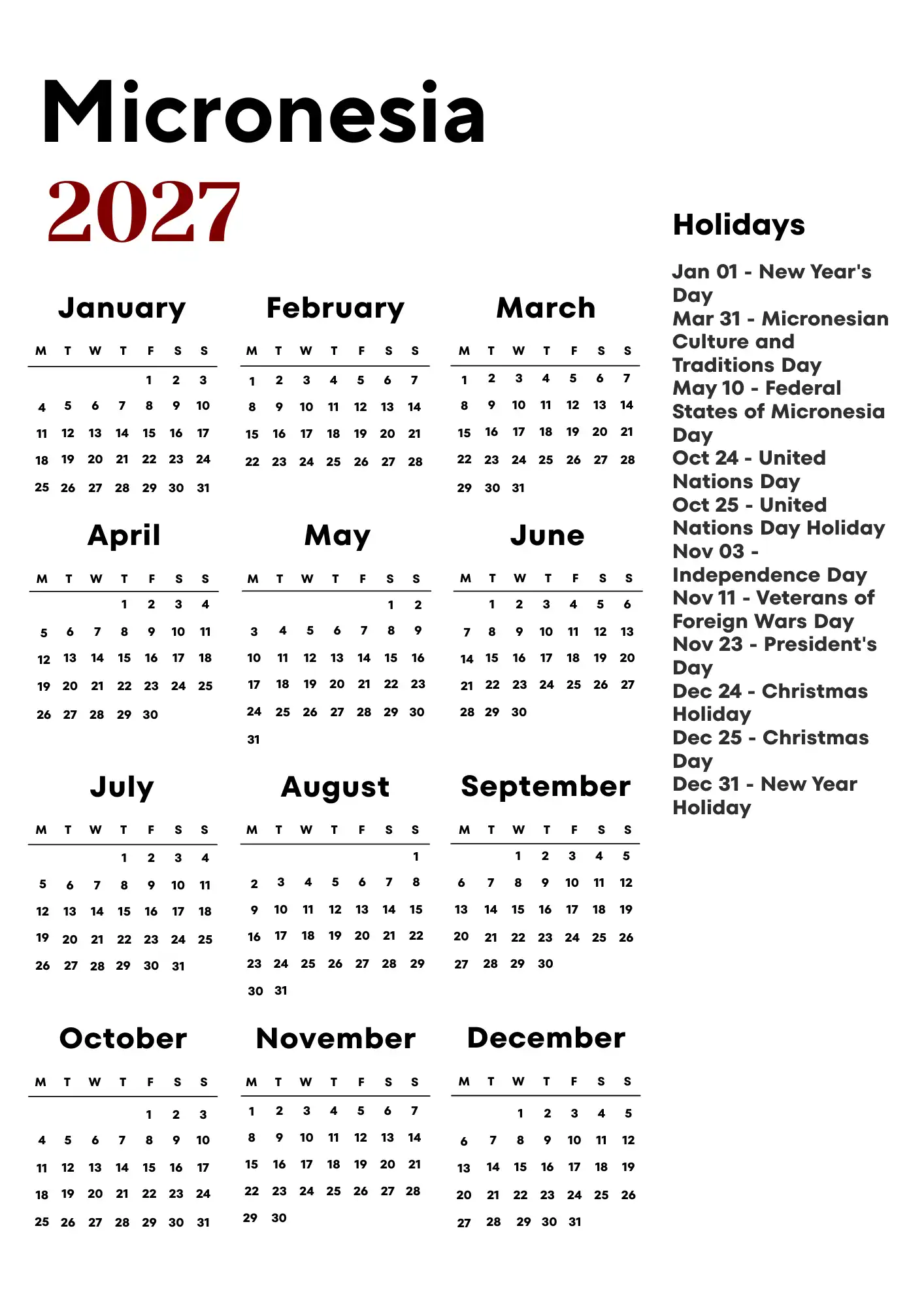 Micronesia Calendar 2027
