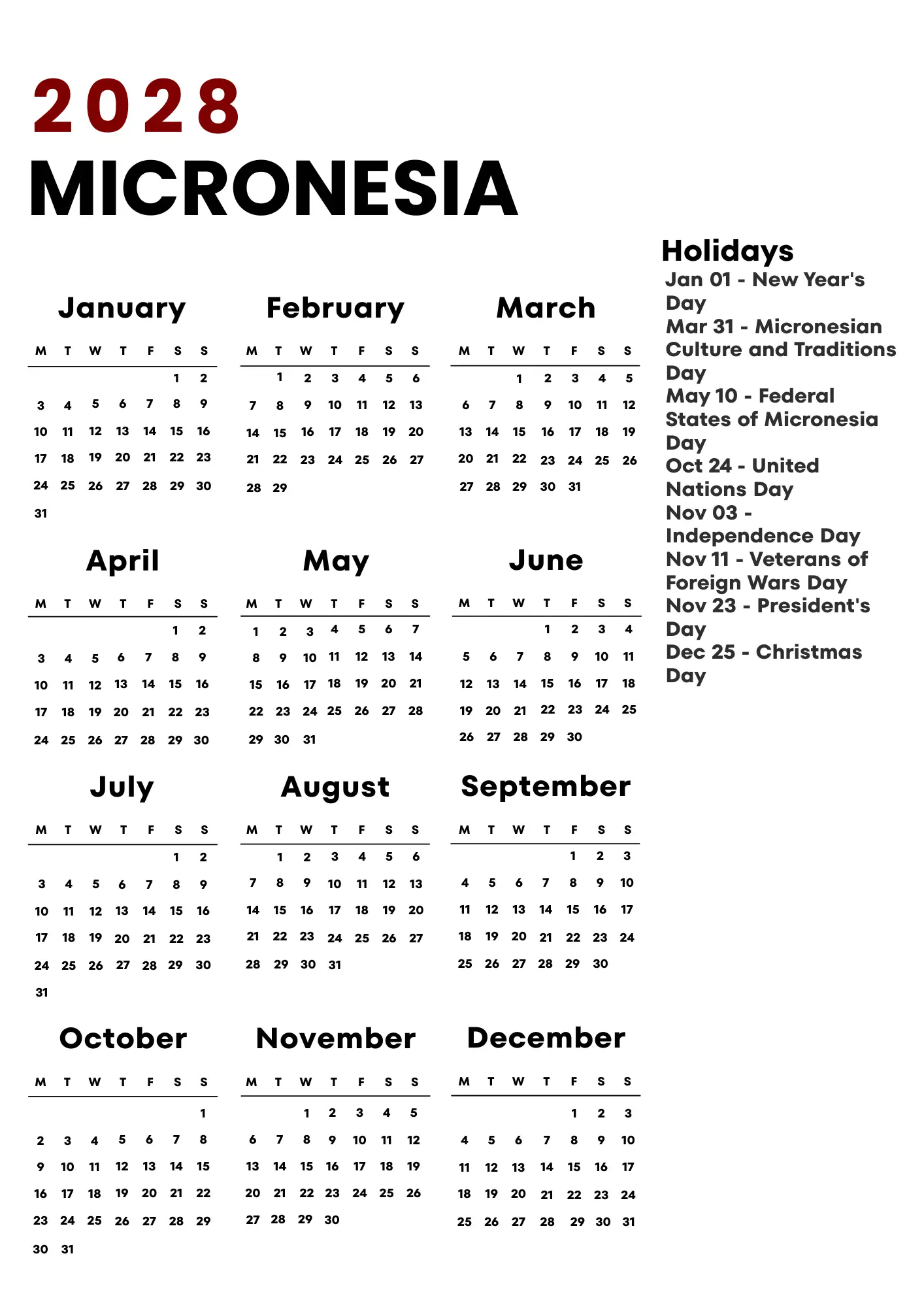 Micronesia Calendar 2028