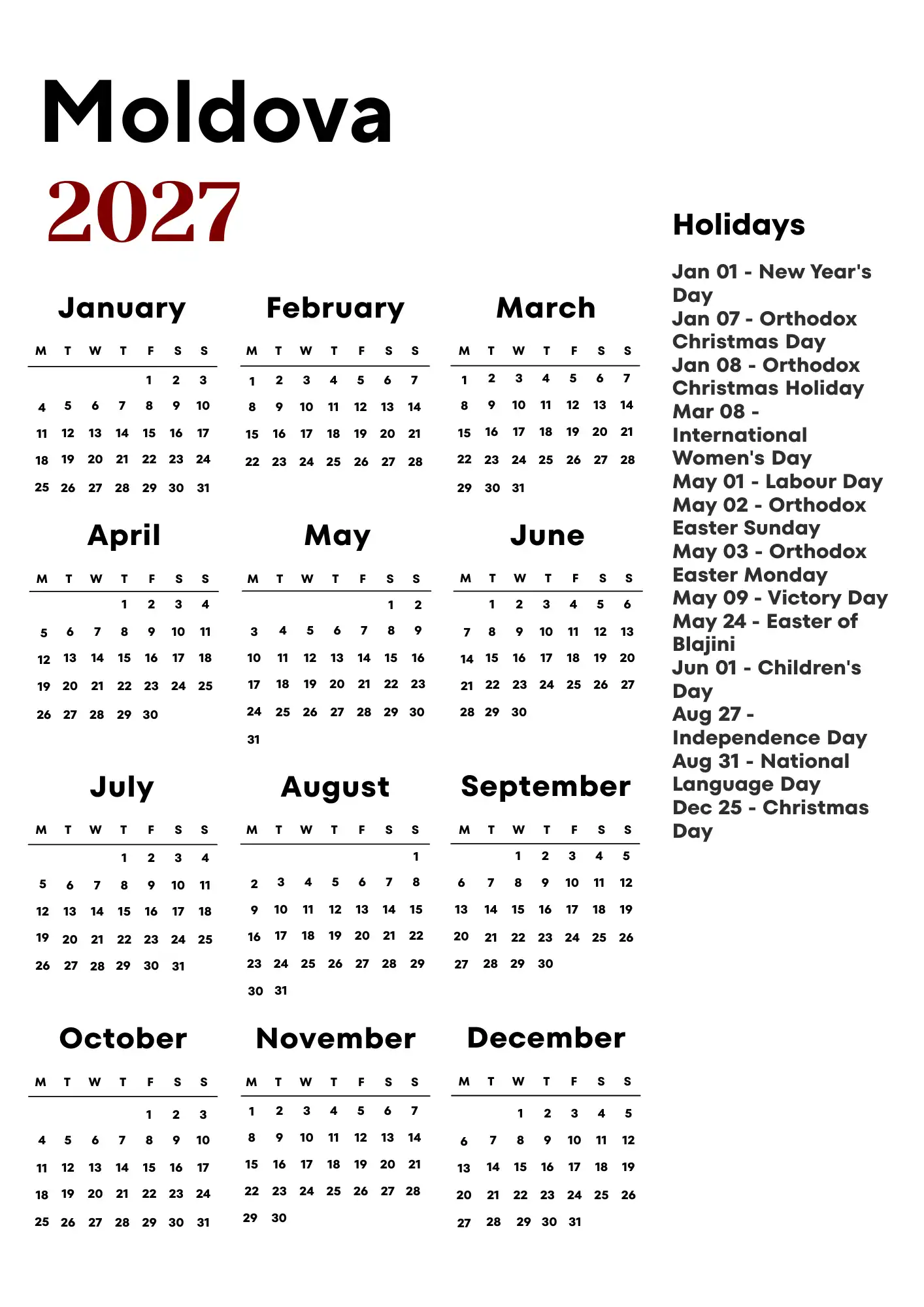 Moldova Calendar 2027
