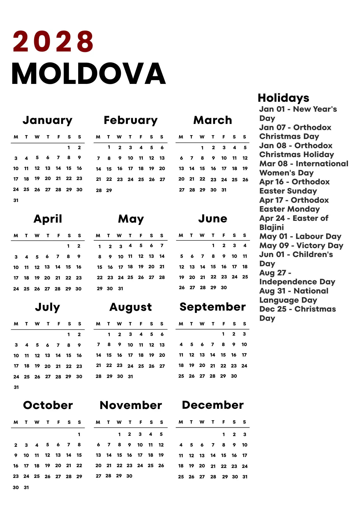 Moldova Calendar 2028