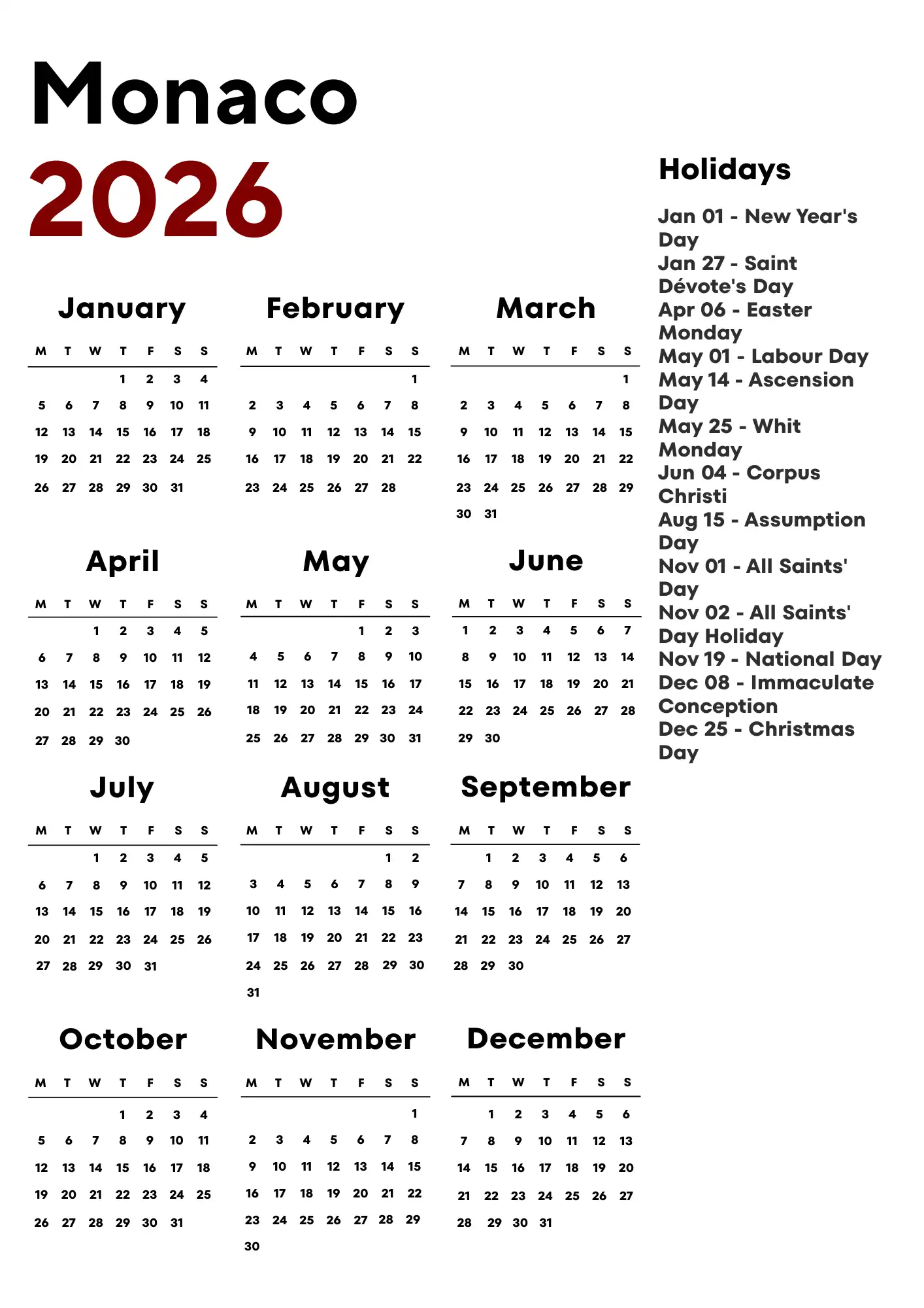 Monaco Calendar 2026