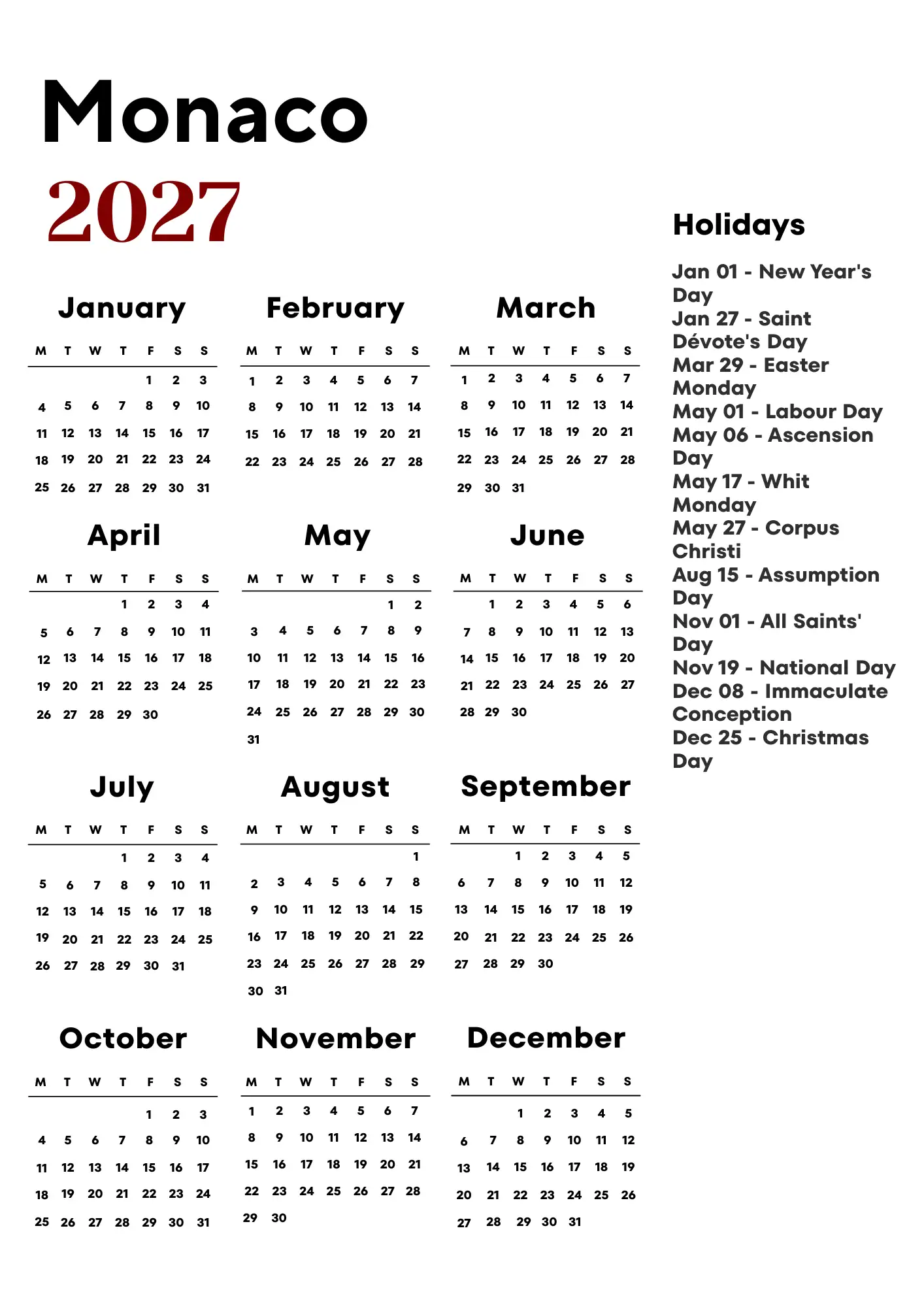 Monaco Calendar 2027